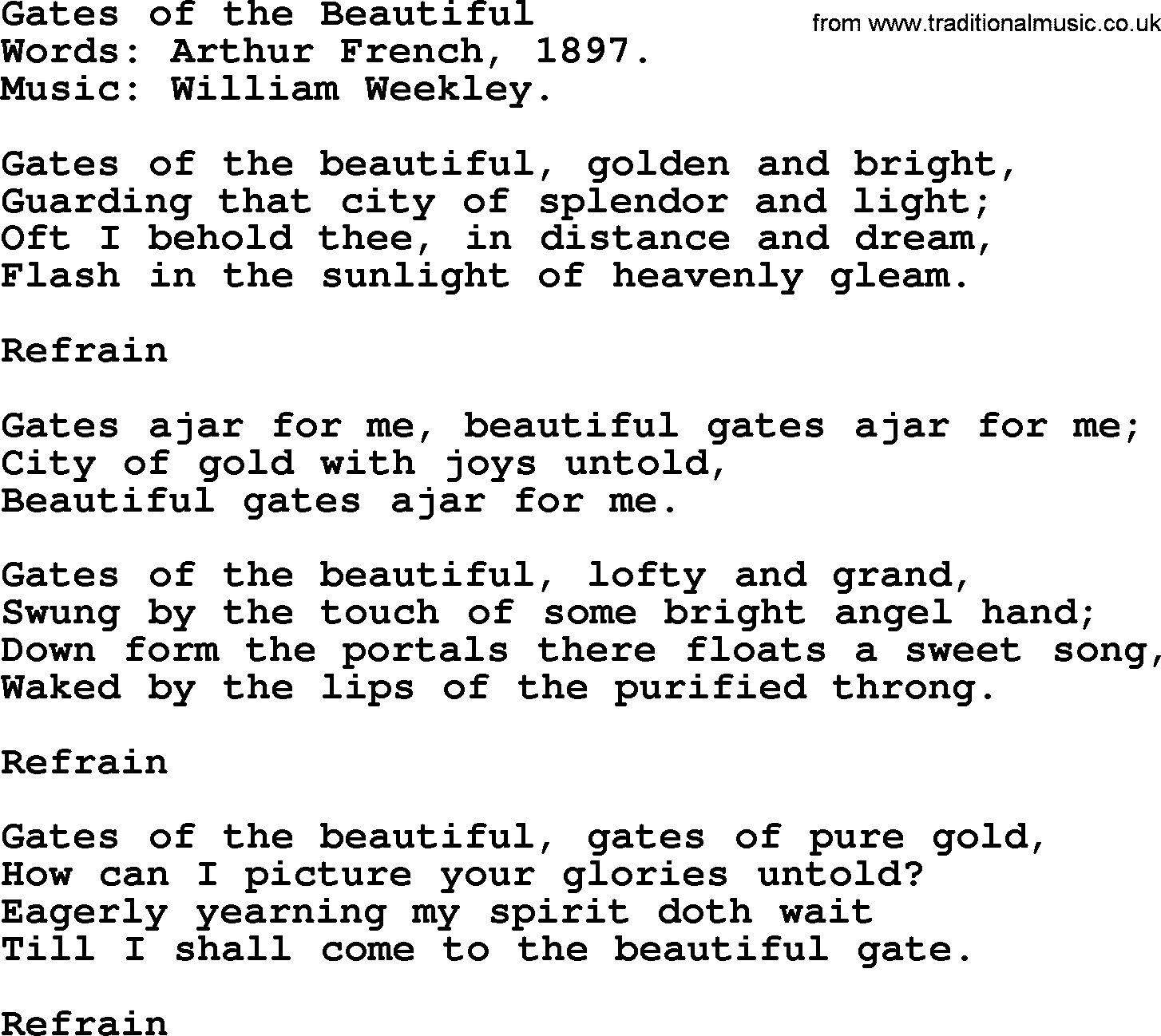 Hymns about Angels, Hymn: Gates Of The Beautiful.txt lyrics with PDF