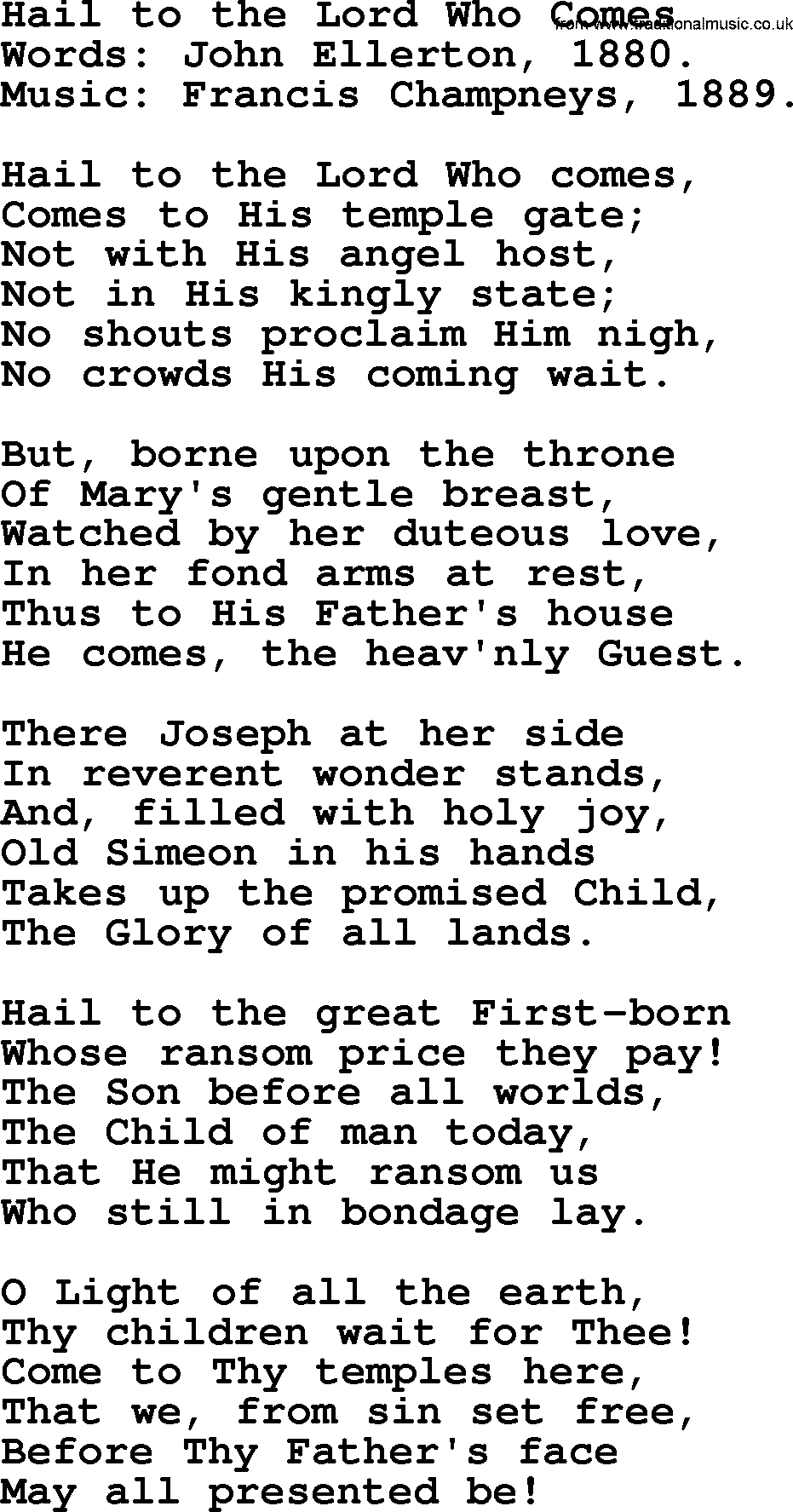 Hymns about Angels, Hymn: Hail To The Lord Who Comes.txt lyrics with PDF