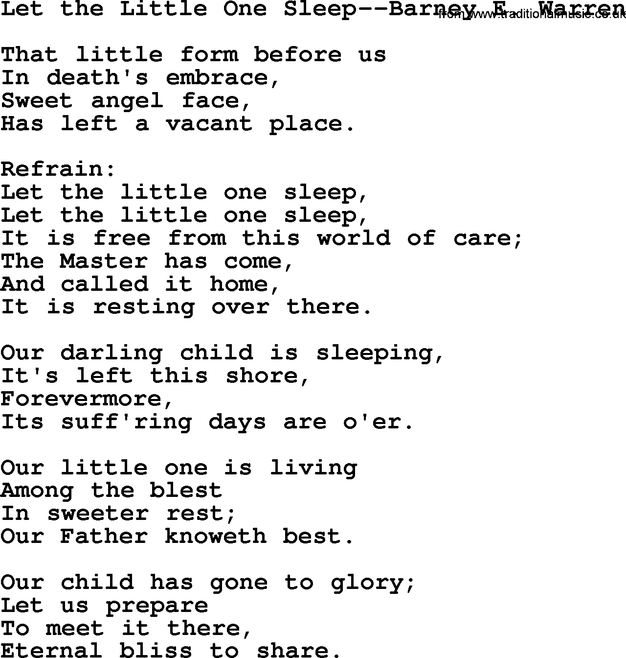 Hymns about Angels, Hymn: Let The Little One Sleep--barney E. Warren.txt lyrics with PDF