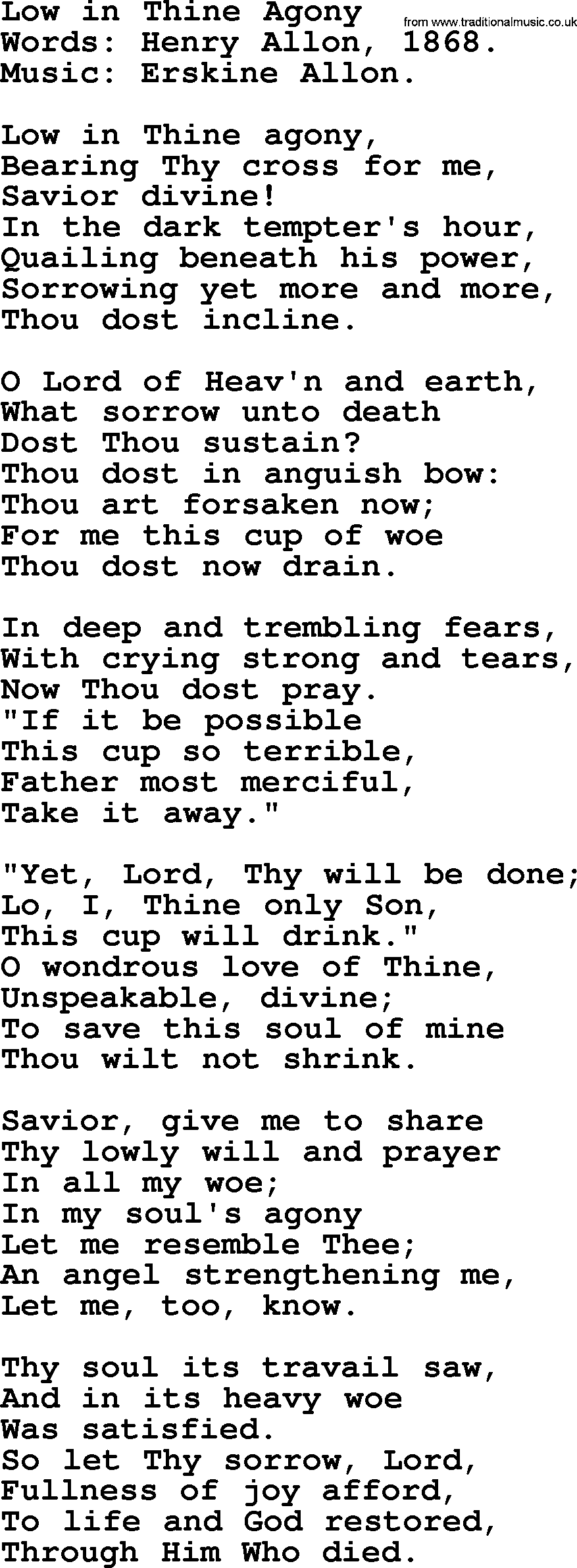 Hymns about Angels, Hymn: Low In Thine Agony.txt lyrics with PDF