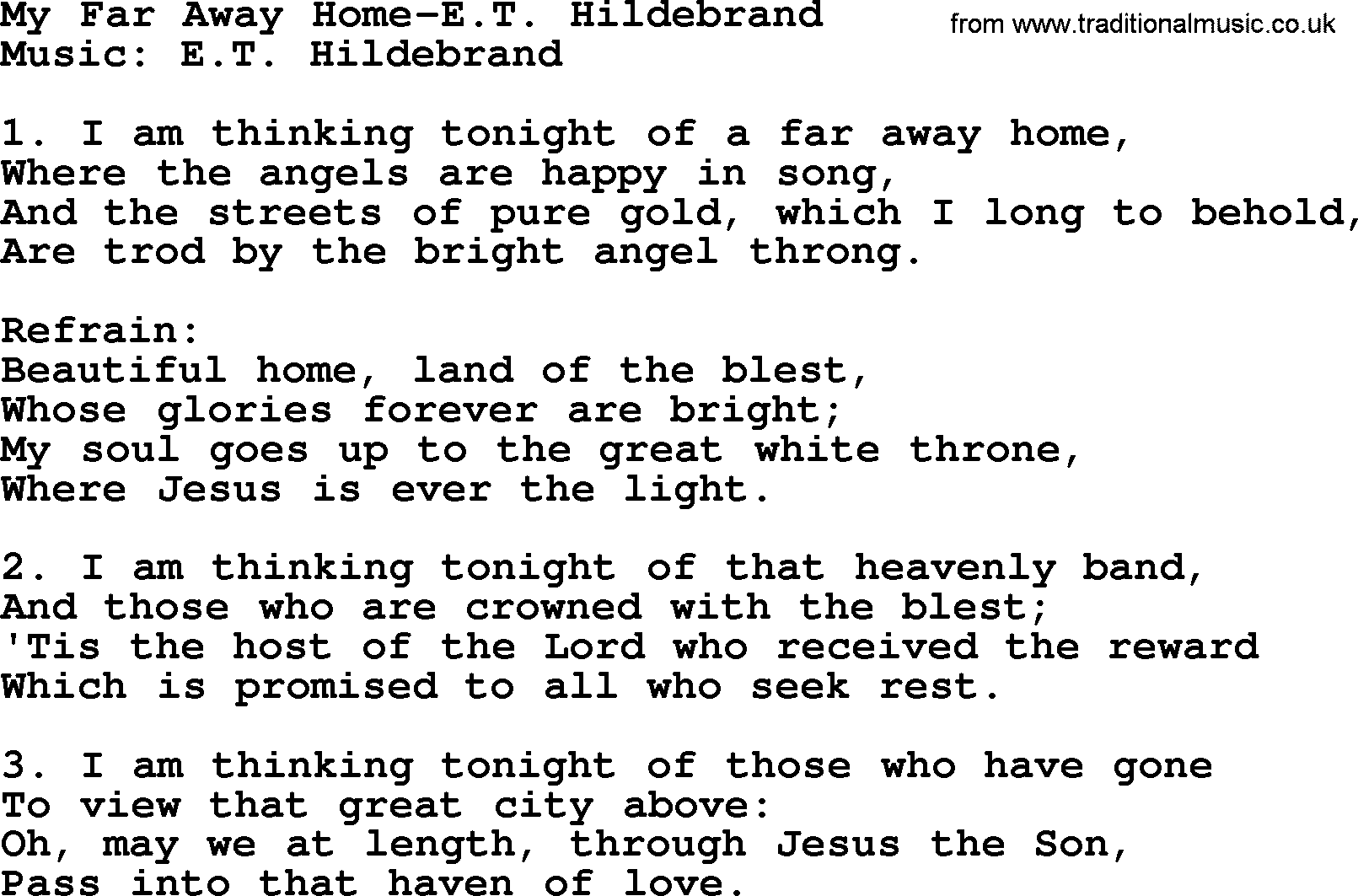Hymns about Angels, Hymn: My Far Away Home-e.t. Hildebrand.txt lyrics with PDF