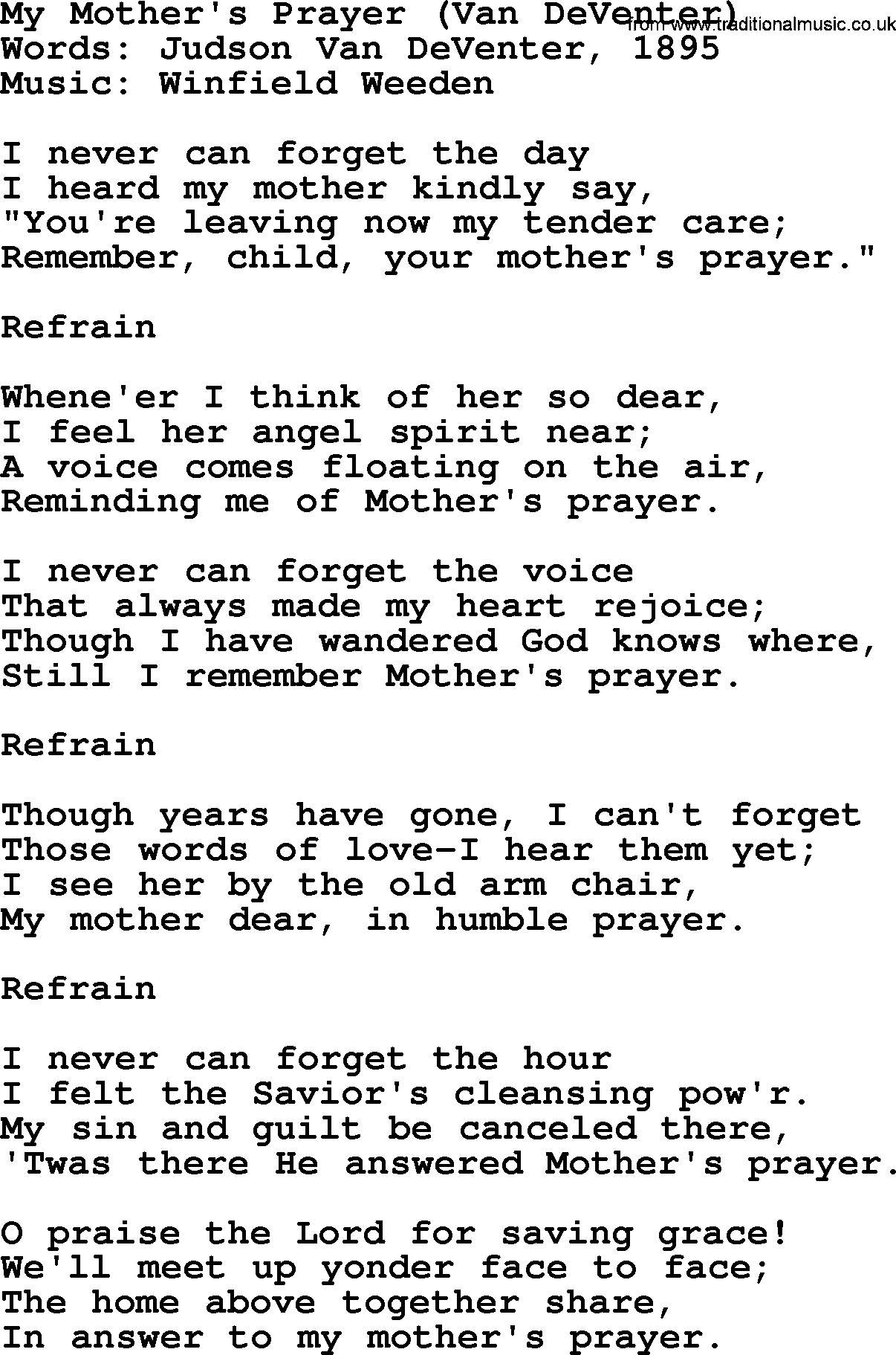 Hymns about Angels, Hymn: My Mother's Prayer (van Deventer).txt lyrics with PDF