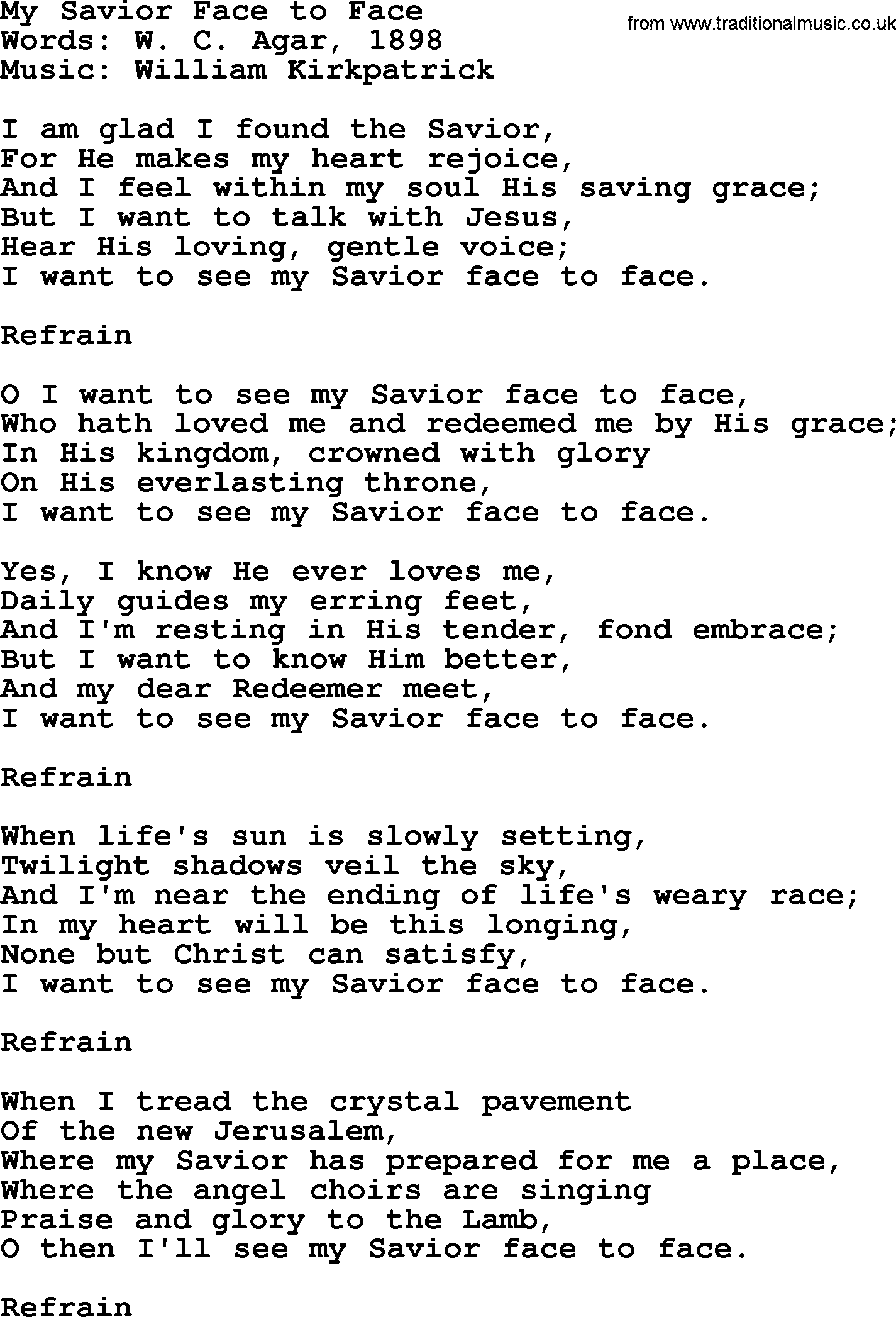 Hymns about Angels, Hymn: My Savior Face To Face.txt lyrics with PDF