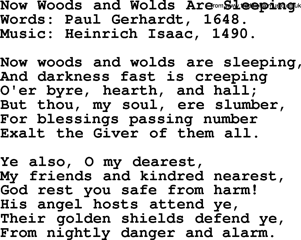 Hymns about Angels, Hymn: Now Woods And Wolds Are Sleeping.txt lyrics with PDF