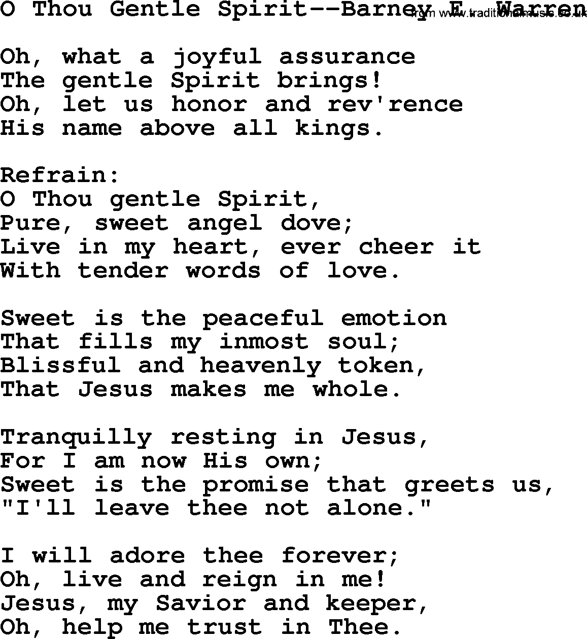 Hymns about Angels, Hymn: O Thou Gentle Spirit--barney E. Warren.txt lyrics with PDF