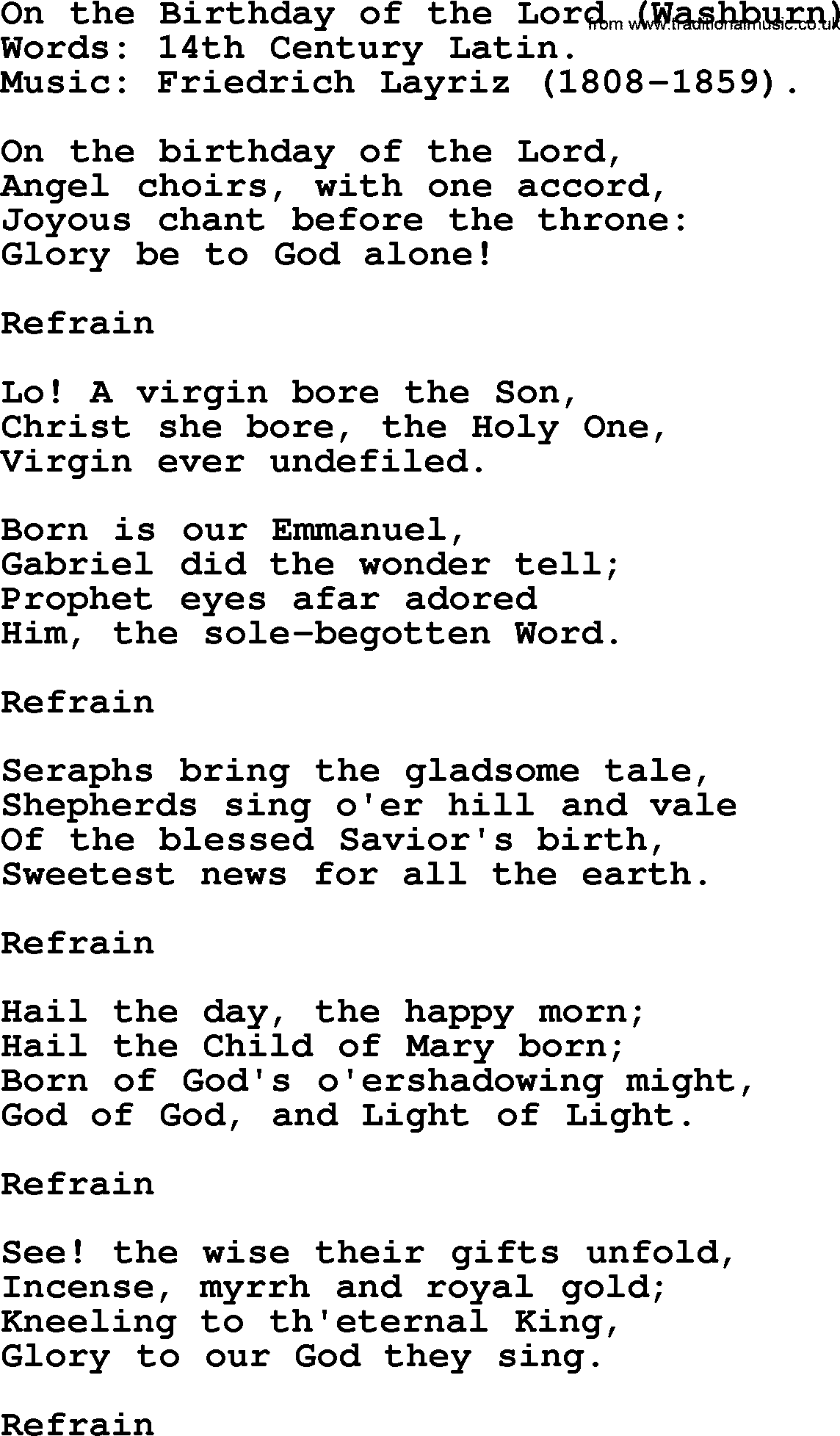 Hymns about Angels, Hymn: On The Birthday Of The Lord (washburn).txt lyrics with PDF