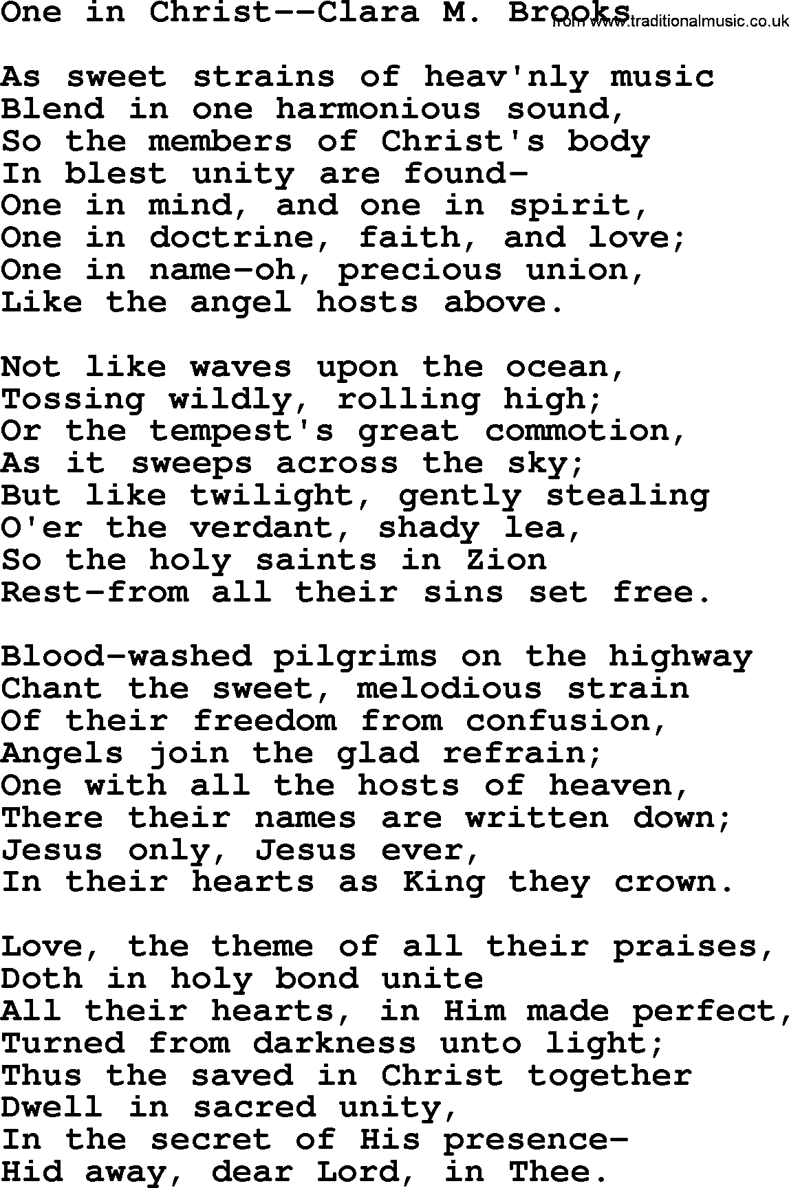Hymns about Angels, Hymn: One In Christ--clara M. Brooks.txt lyrics with PDF
