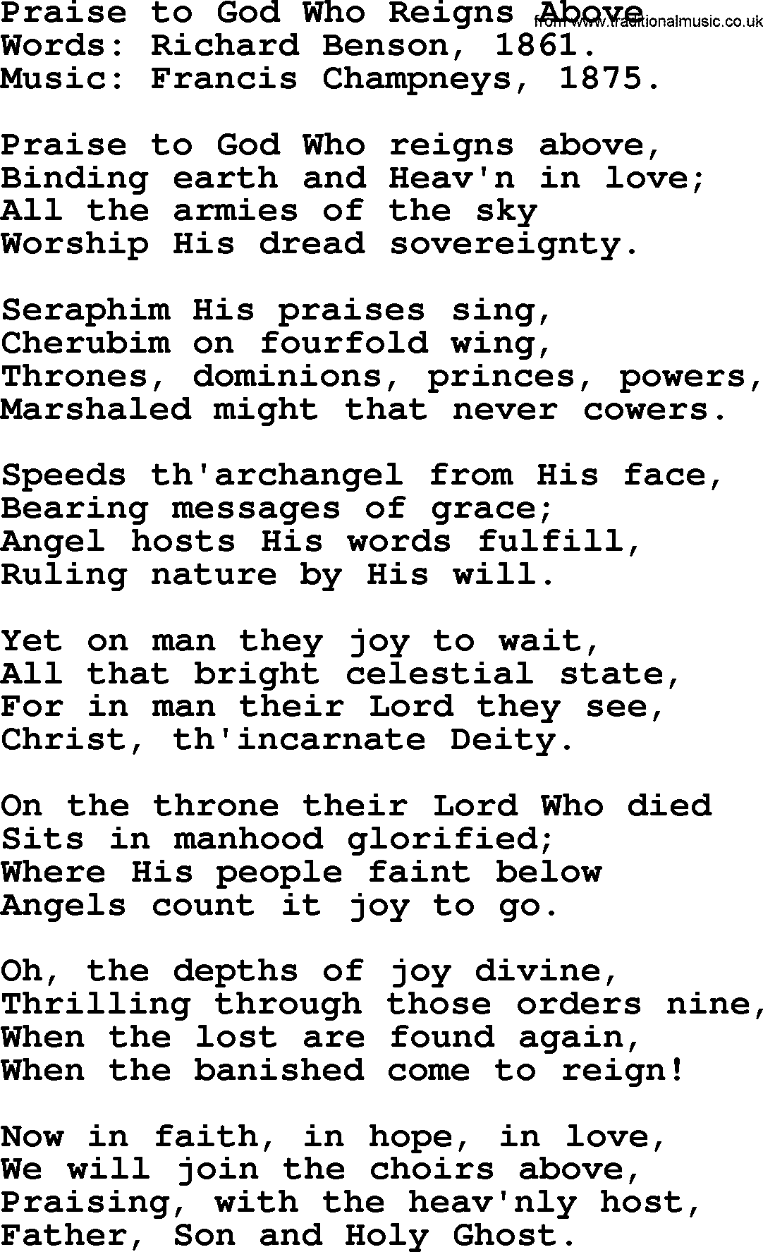 Hymns about Angels, Hymn: Praise To God Who Reigns Above.txt lyrics with PDF