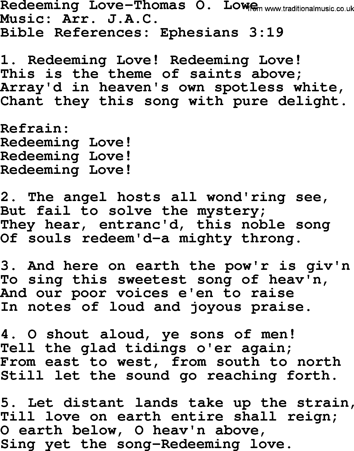 Hymns about Angels, Hymn: Redeeming Love-thomas O. Lowe.txt lyrics with PDF