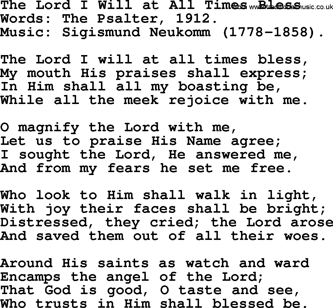 Hymns about Angels, Hymn: The Lord I Will At All Times Bless.txt lyrics with PDF