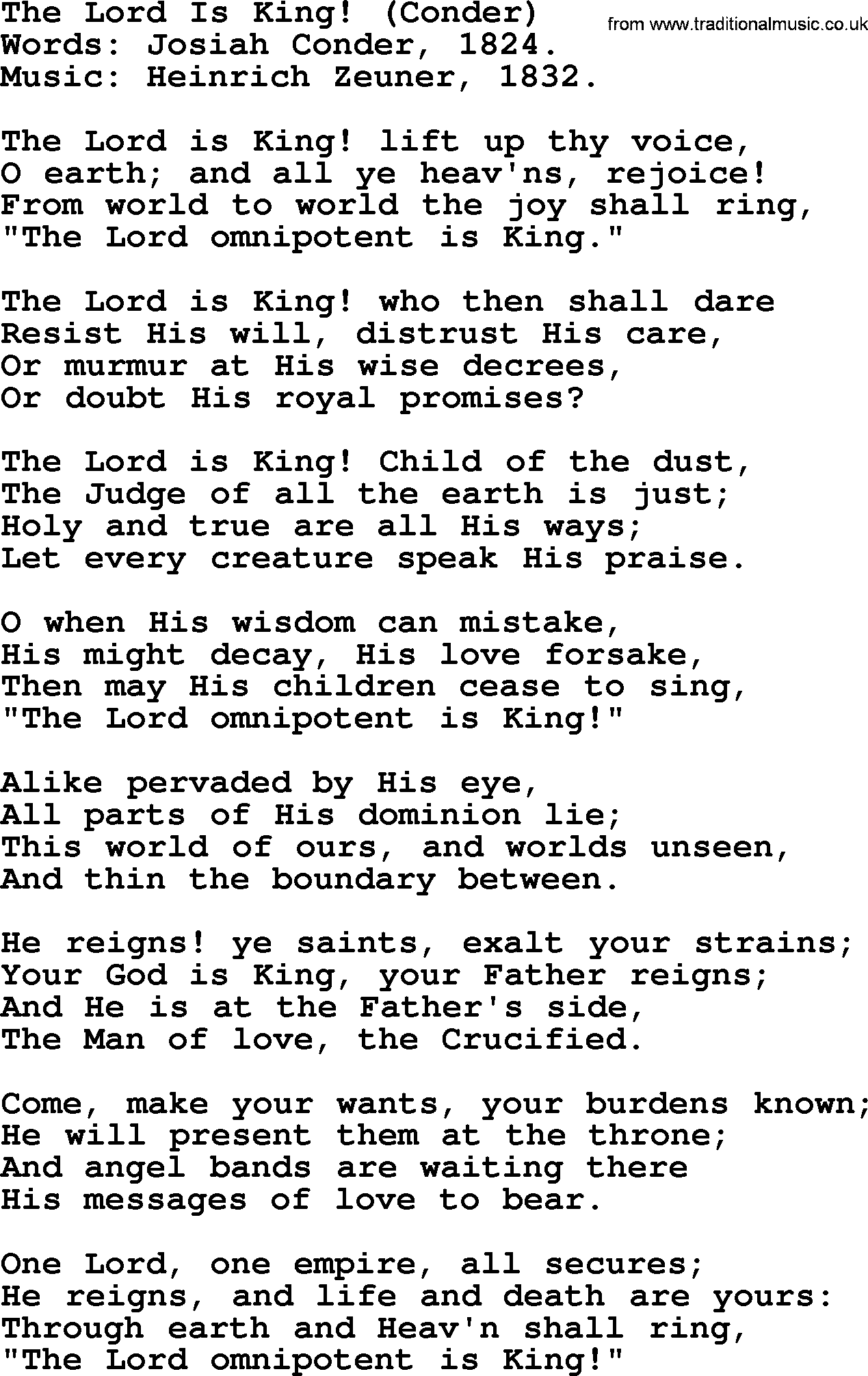 Hymns about Angels, Hymn: The Lord Is King! (conder).txt lyrics with PDF