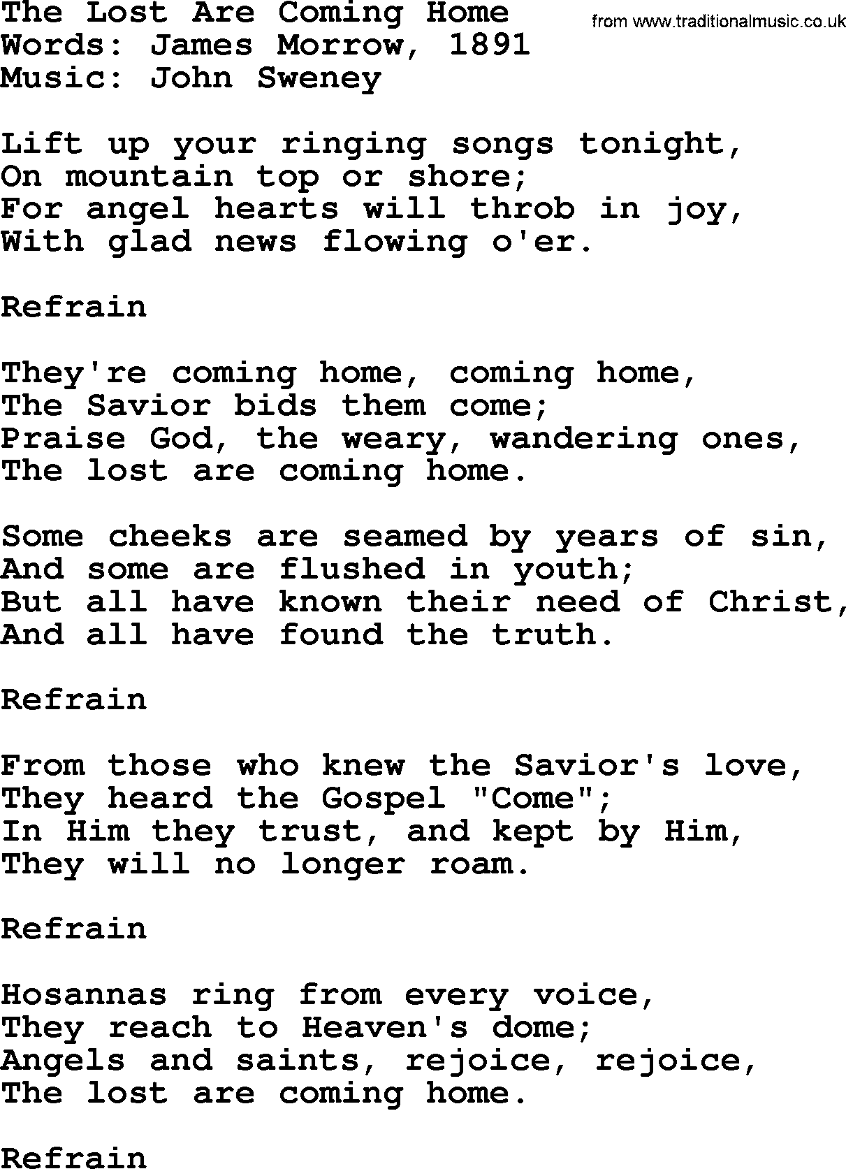 Hymns about Angels, Hymn: The Lost Are Coming Home.txt lyrics with PDF