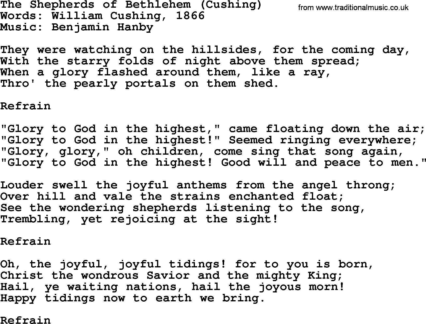 Hymns about Angels, Hymn: The Shepherds Of Bethlehem (cushing).txt lyrics with PDF