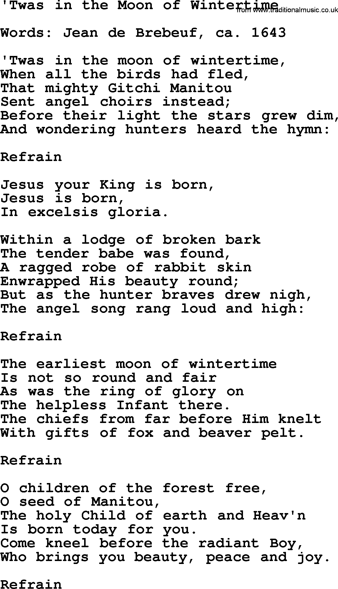 Hymns about Angels, Hymn: Twas In The Moon Of Wintertime.txt lyrics with PDF
