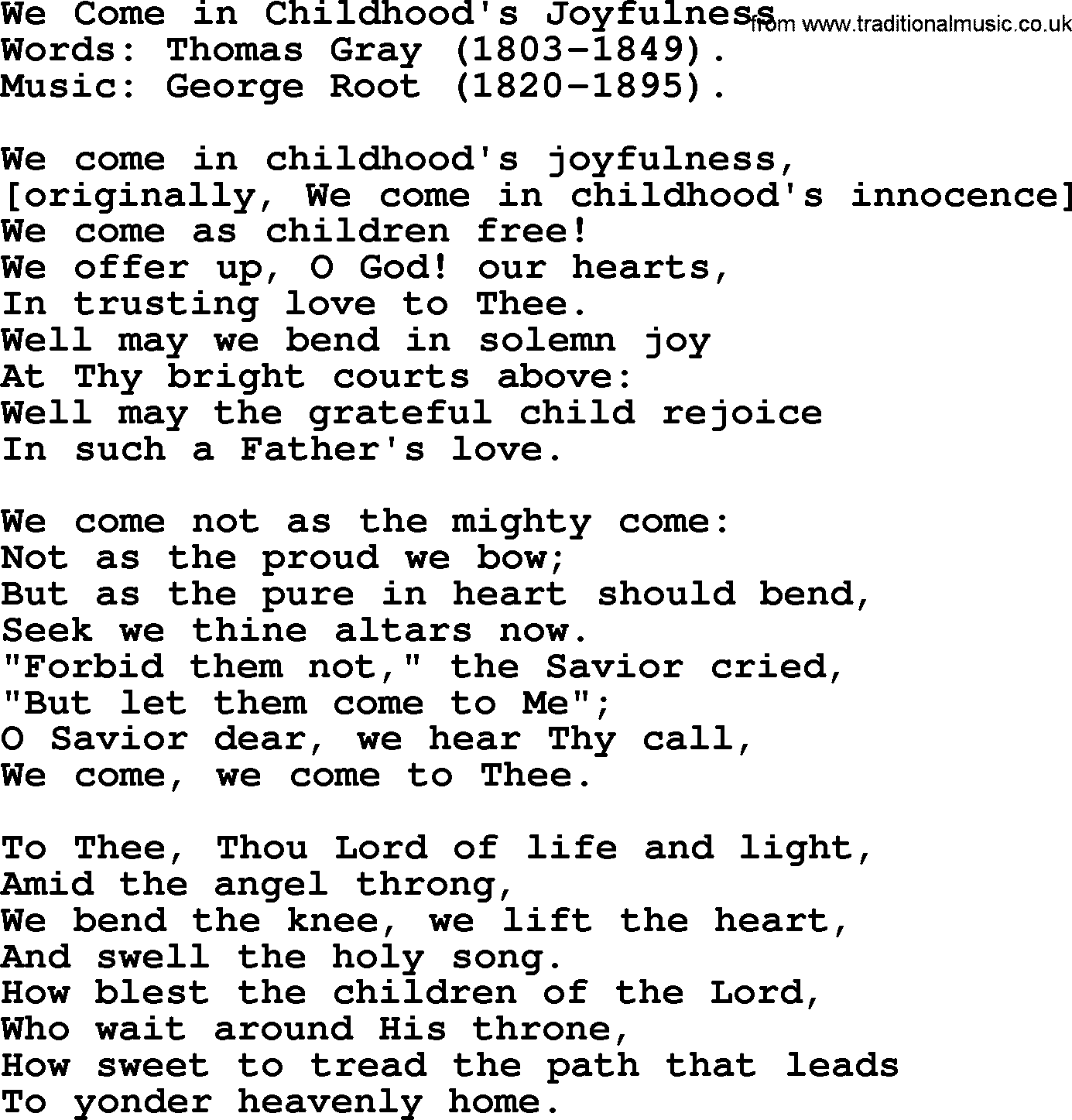 Hymns about Angels, Hymn: We Come In Childhood's Joyfulness.txt lyrics with PDF