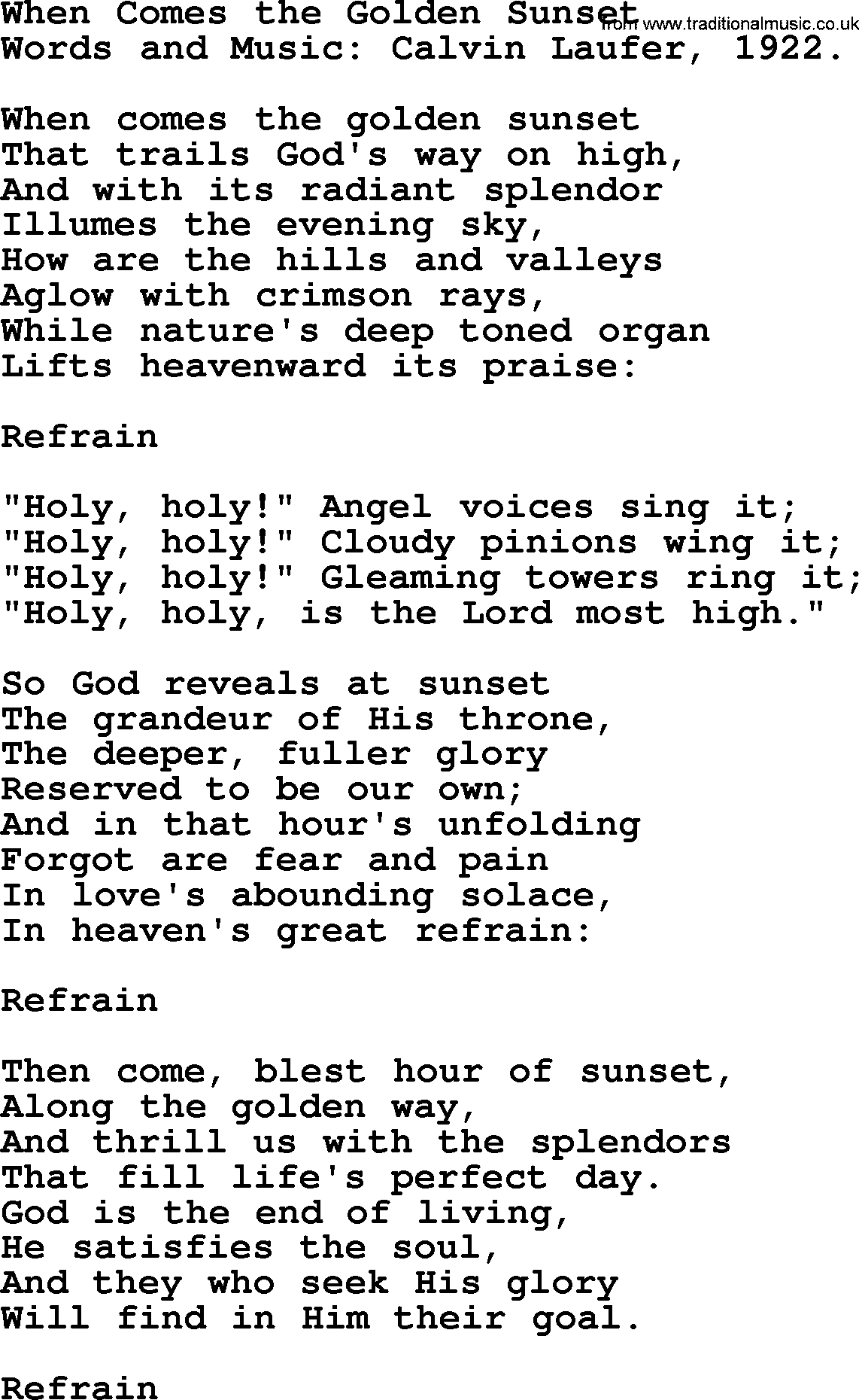 Hymns about Angels, Hymn: When Comes The Golden Sunset.txt lyrics with PDF