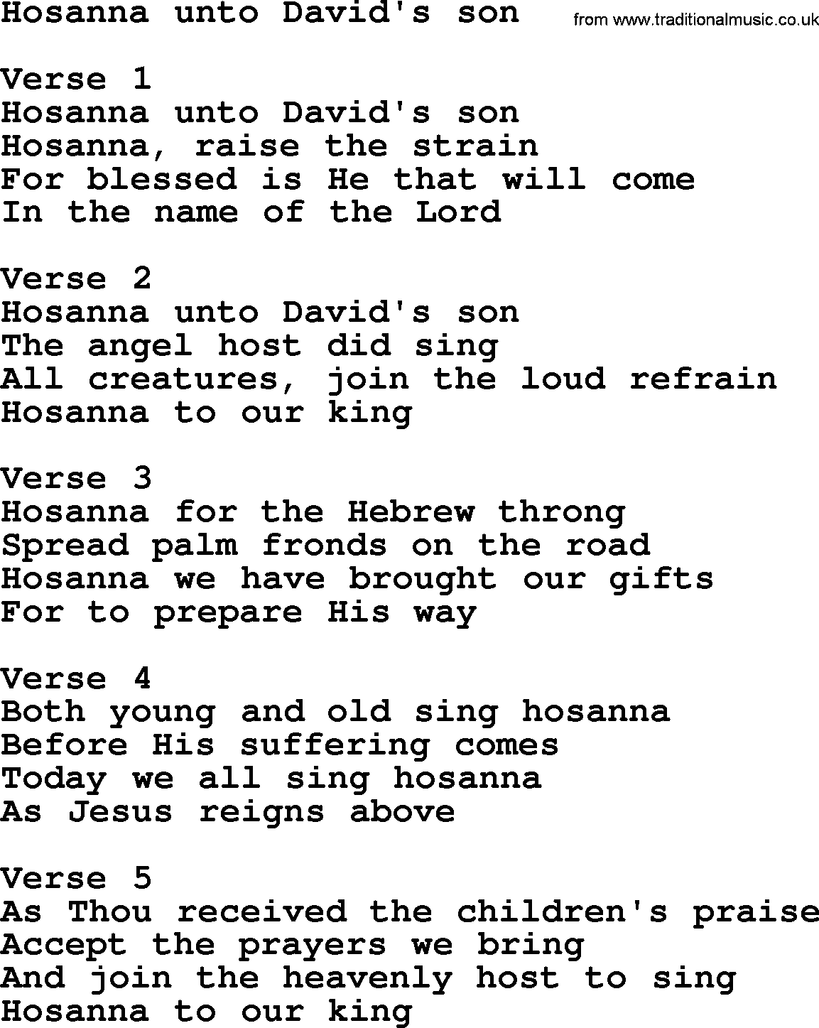 Apostolic and Pentecostal Hymns and Gospel Songs, Hymn: Hosanna Unto David's Son, Christian lyrics and PDF