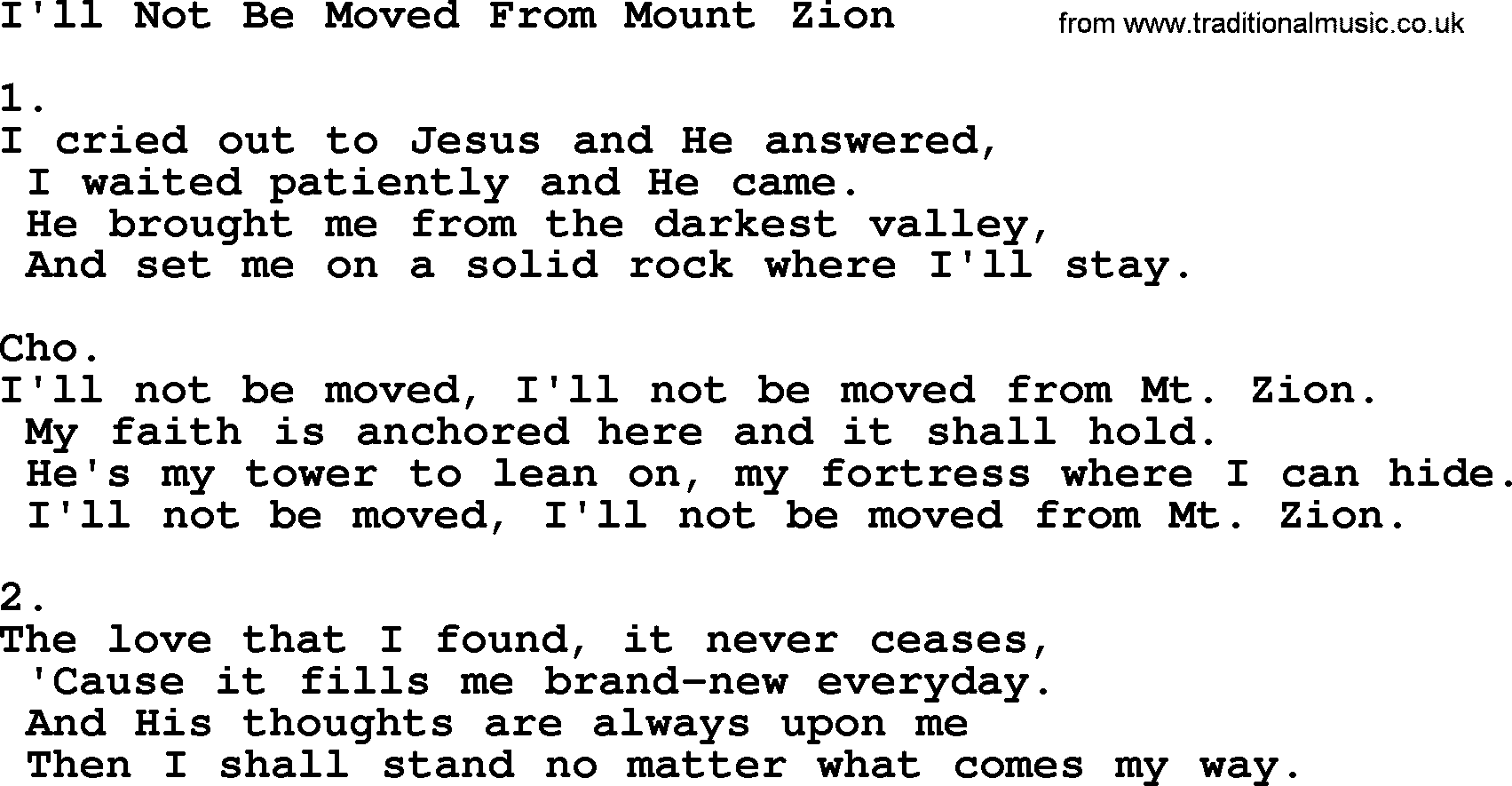 Apostolic & Pentecostal Hymns and Songs, Hymn: I'll Not Be Moved From Mount Zion lyrics and PDF
