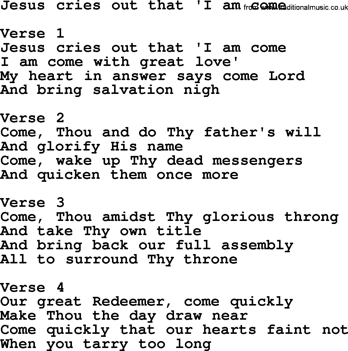 Apostolic and Pentecostal Hymns and Gospel Songs, Hymn: Jesus Cries Out That 'i Am Come, Christian lyrics and PDF