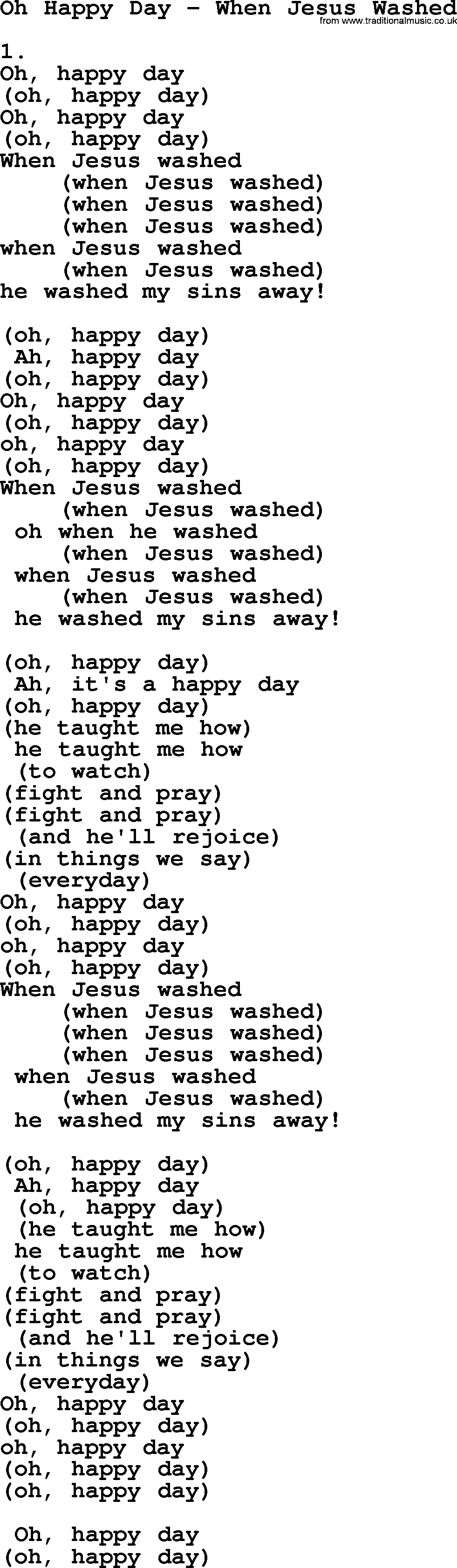 Apostolic & Pentecostal Hymns and Songs, Hymn: Oh Happy Day - When Jesus Washed lyrics and PDF