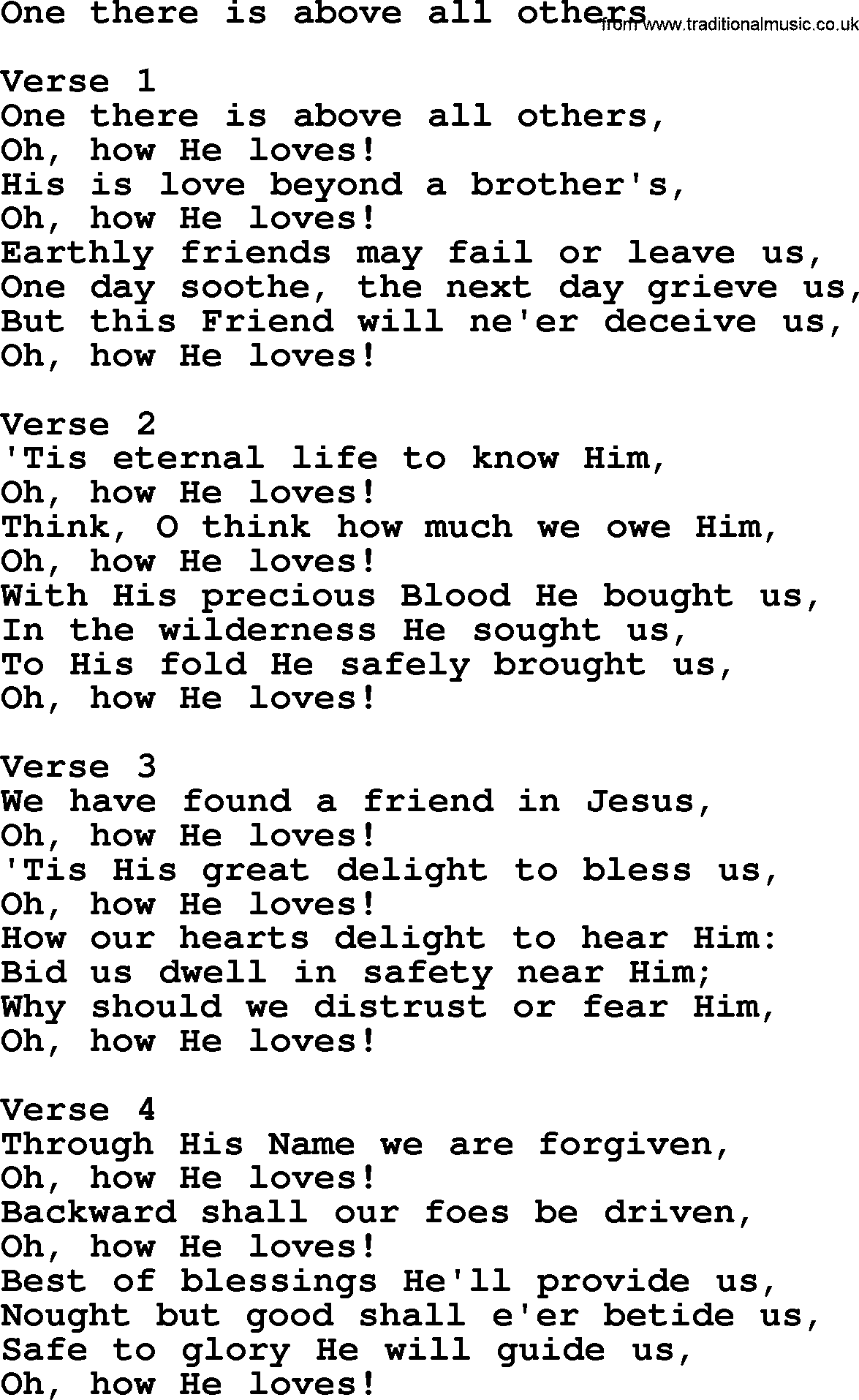 Apostolic and Pentecostal Hymns and Gospel Songs, Hymn: One There Is Above All Others, Christian lyrics and PDF