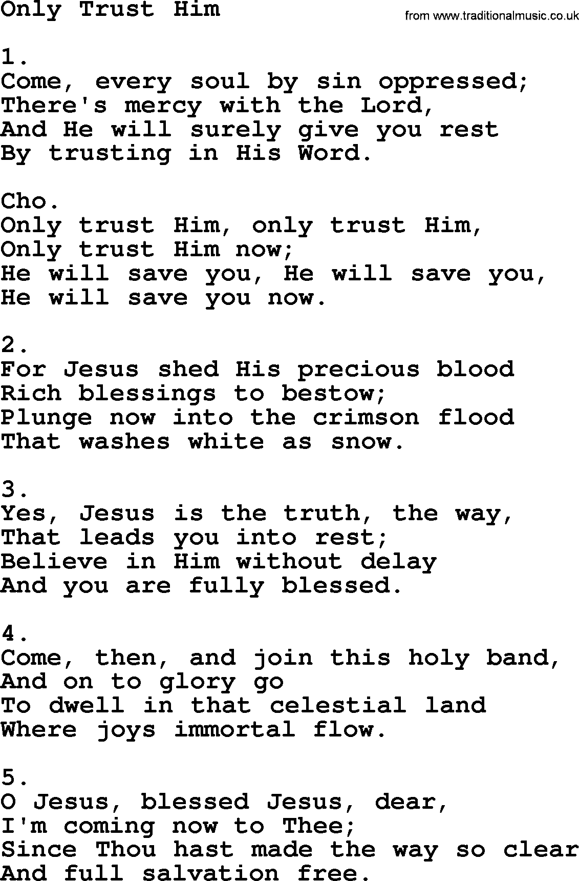 Apostolic & Pentecostal Hymns and Songs, Hymn: Only Trust Him lyrics and PDF