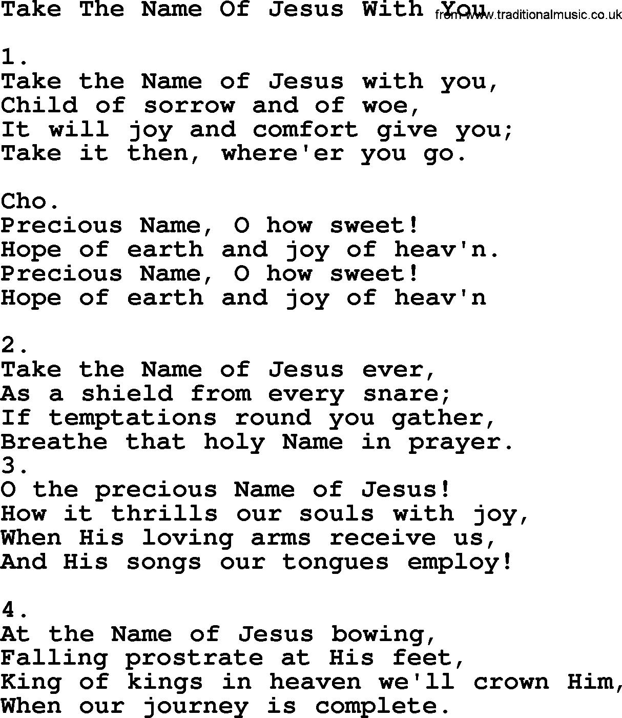 Apostolic & Pentecostal Hymns and Songs, Hymn: Take The Name Of Jesus With You lyrics and PDF