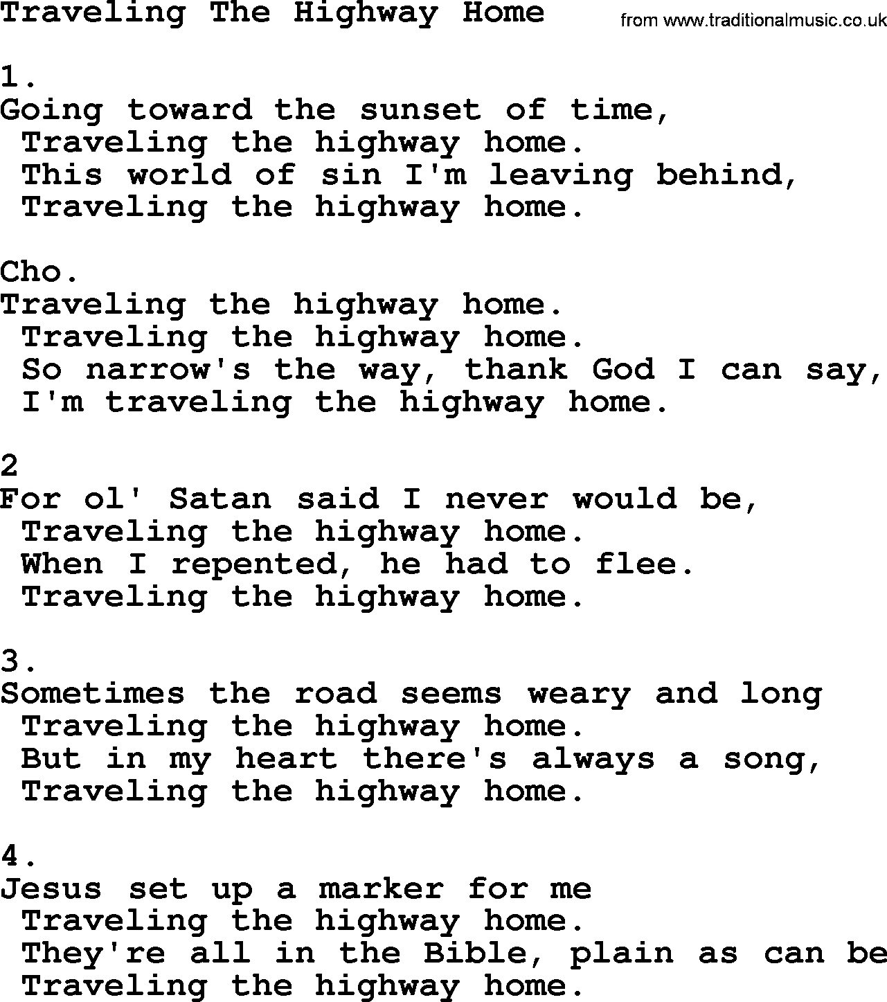 Apostolic & Pentecostal Hymns and Songs, Hymn: Traveling The Highway Home lyrics and PDF