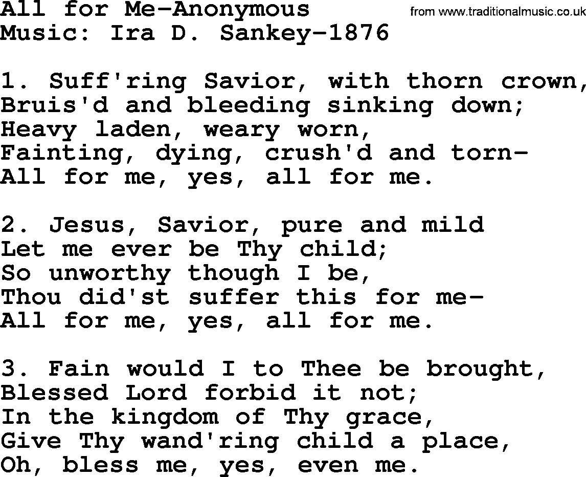Ira Sankey hymn: All for Me-Ira Sankey, lyrics