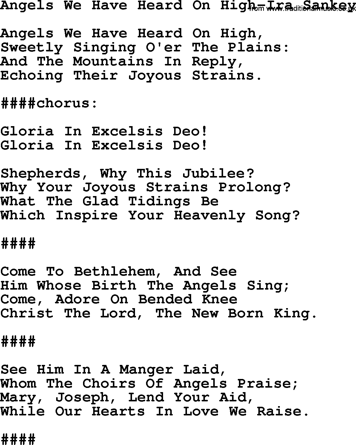 Ira Sankey hymn: Angels We Have Heard On High-Ira Sankey, lyrics
