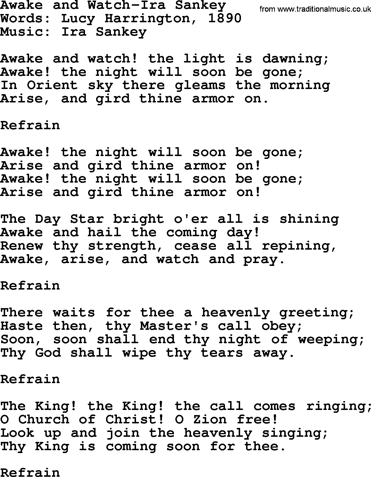 Ira Sankey hymn: Awake and Watch-Ira Sankey, lyrics
