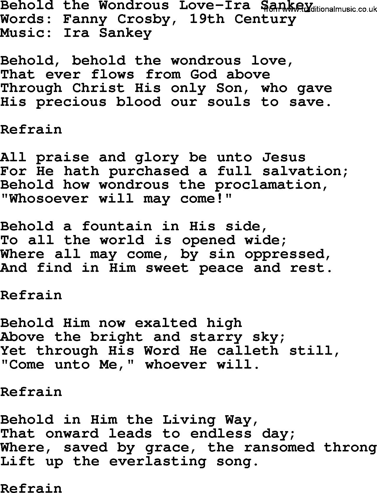 Ira Sankey hymn: Behold the Wondrous Love-Ira Sankey, lyrics