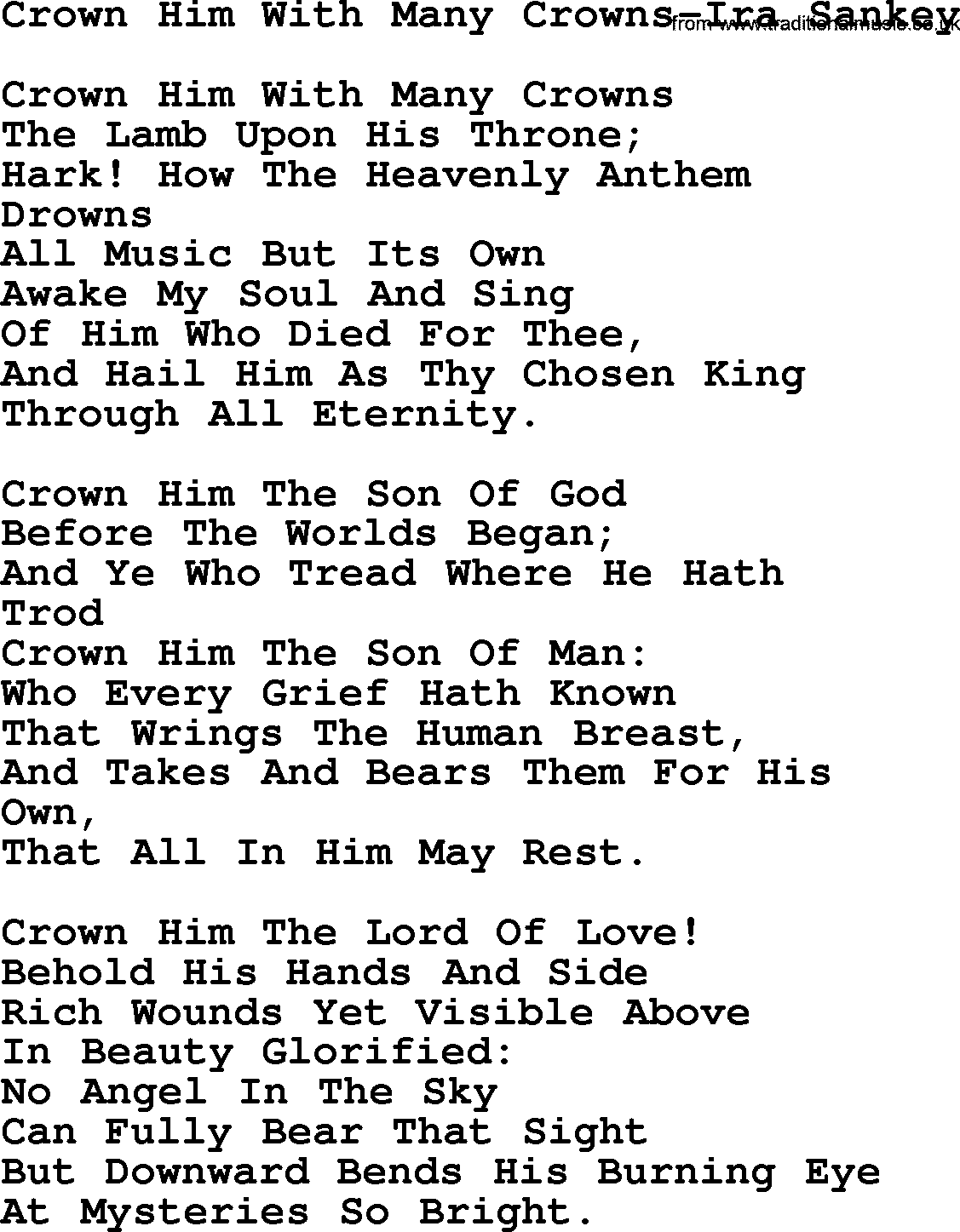 Ira Sankey hymn: Crown Him With Many Crowns-Ira Sankey, lyrics