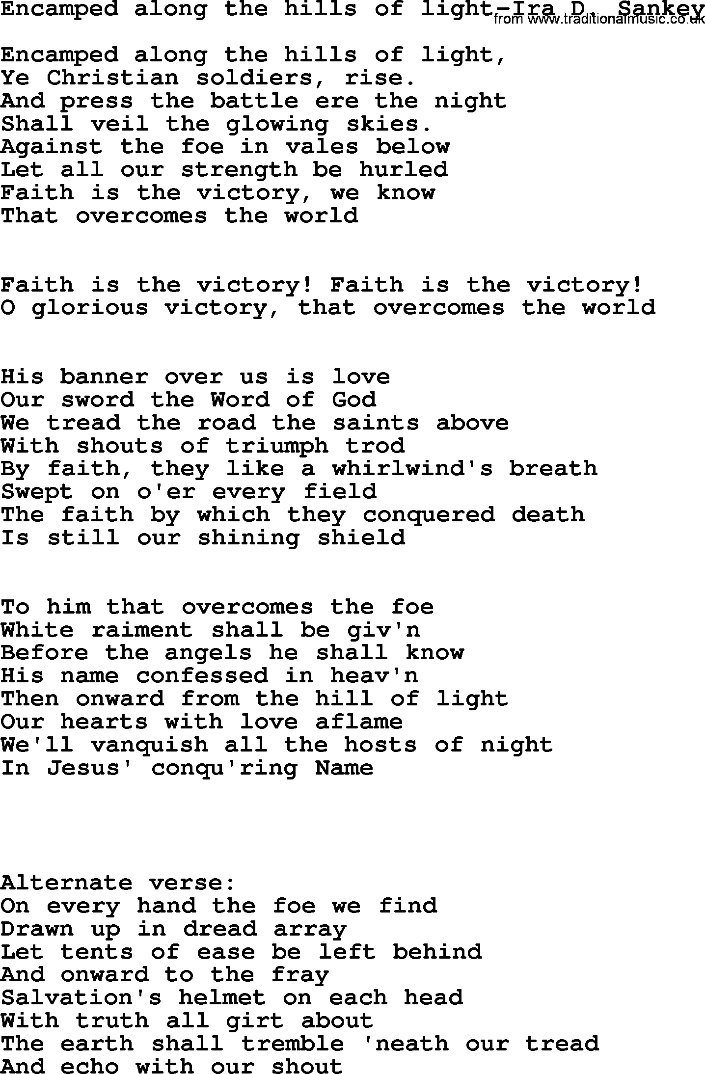 Ira Sankey hymn: Encamped along the hills of light-Ira Sankey, lyrics