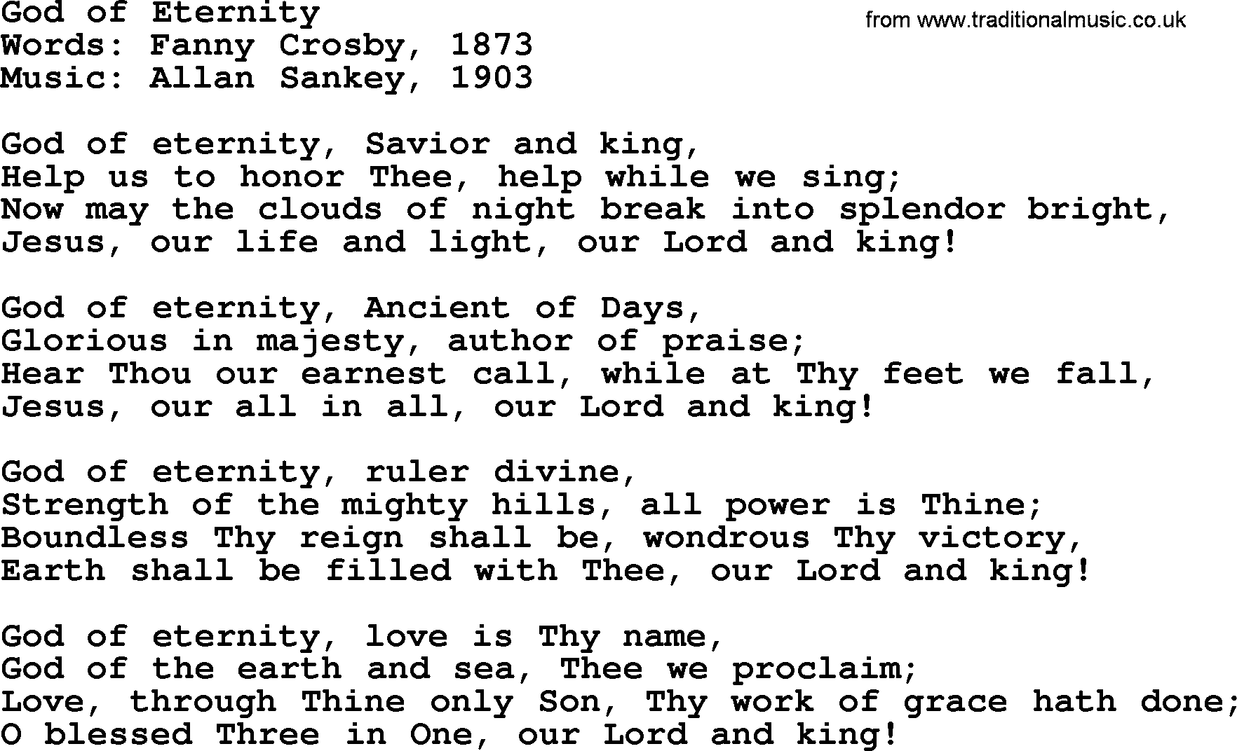 Ira Sankey hymn: God of Eternity-Ira Sankey, lyrics