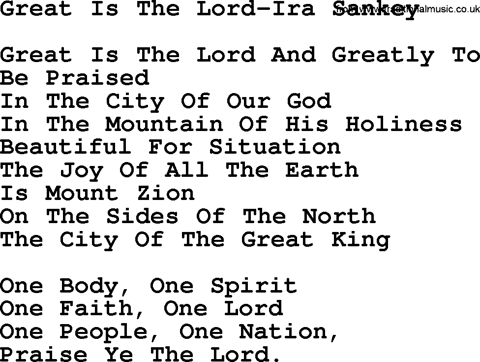 Ira Sankey hymn: Great Is The Lord-Ira Sankey, lyrics