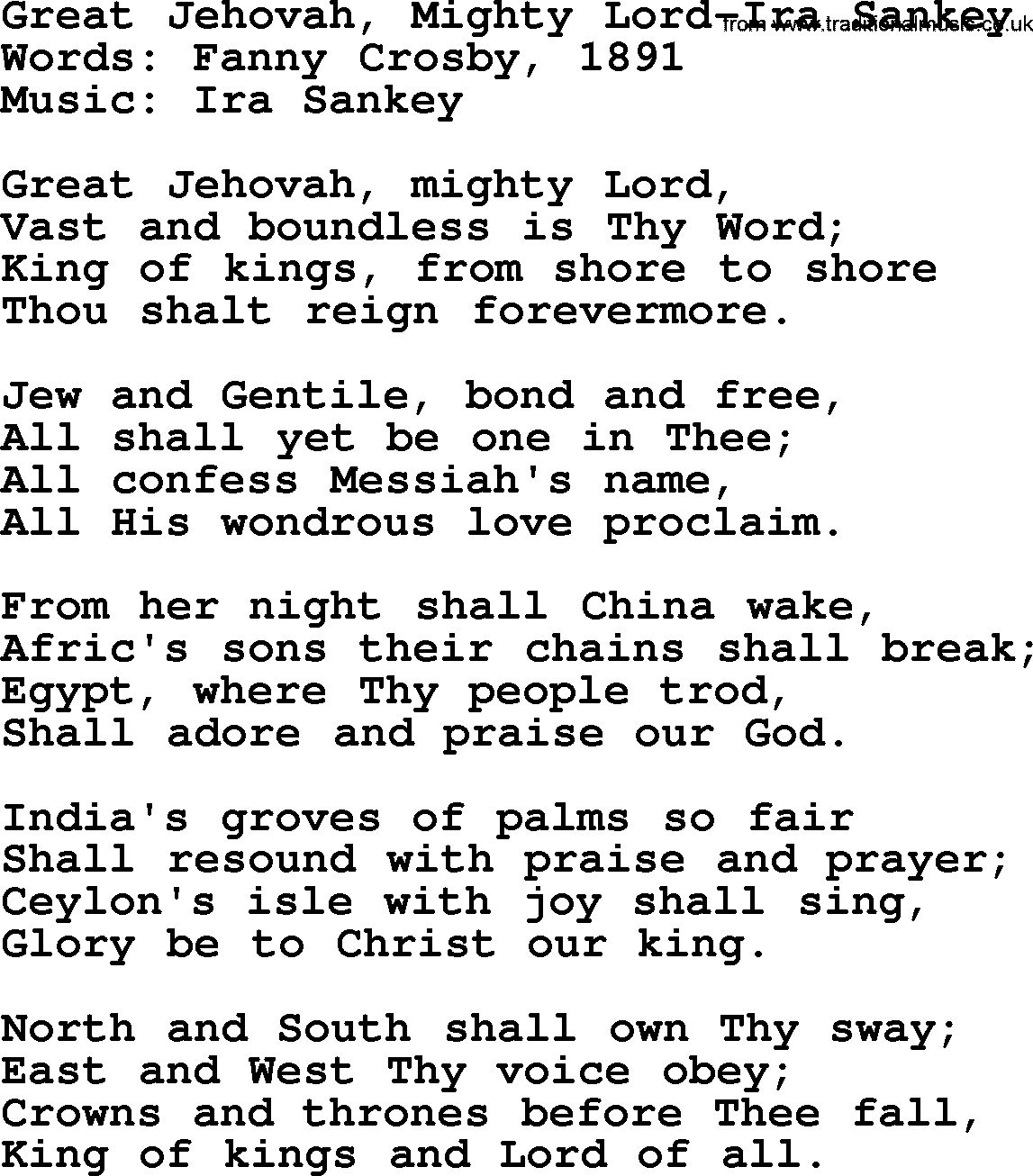 Ira Sankey hymn: Great Jehovah, Mighty Lord-Ira Sankey, lyrics