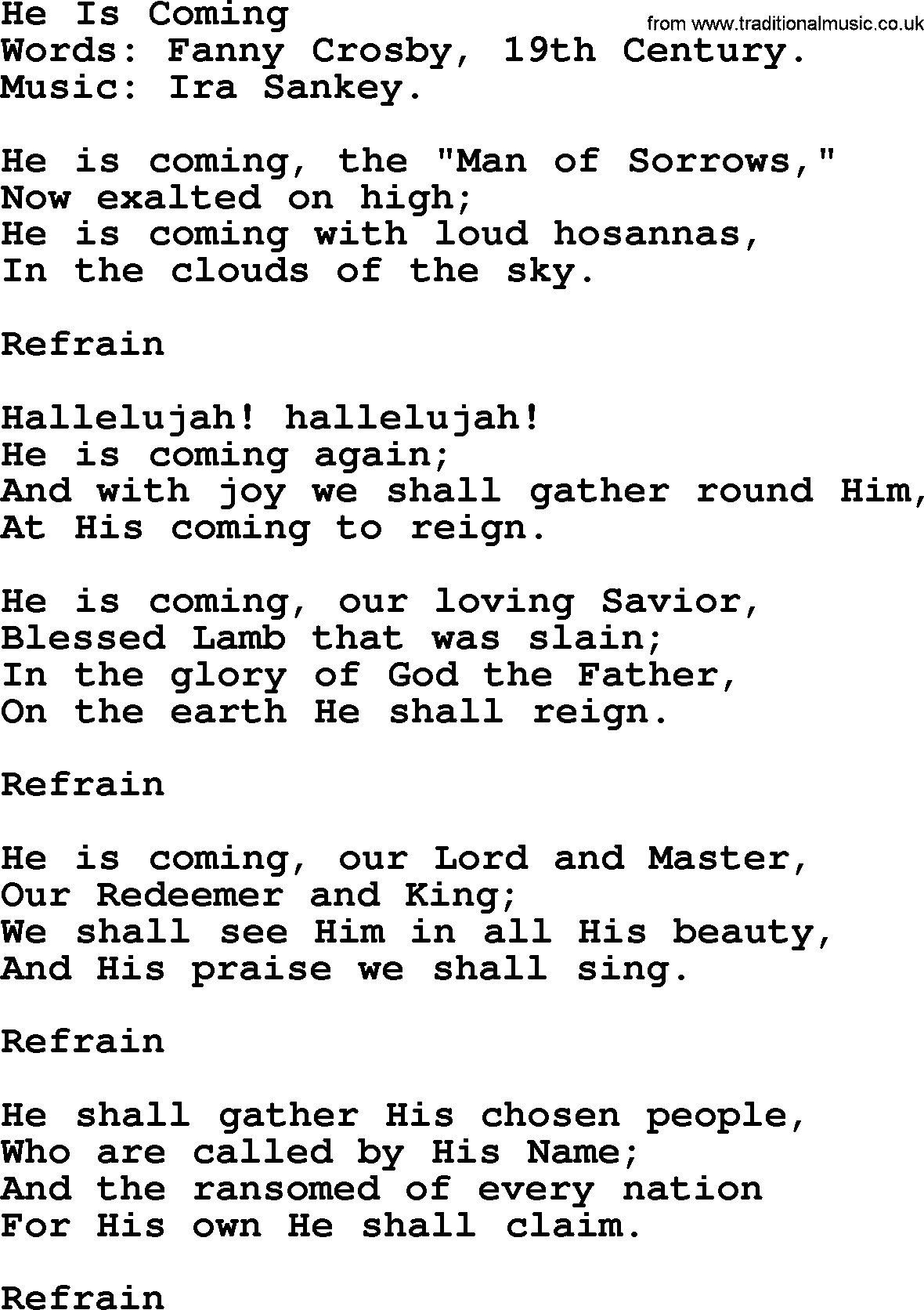 Ira Sankey hymn: He Is Coming-Ira Sankey, lyrics