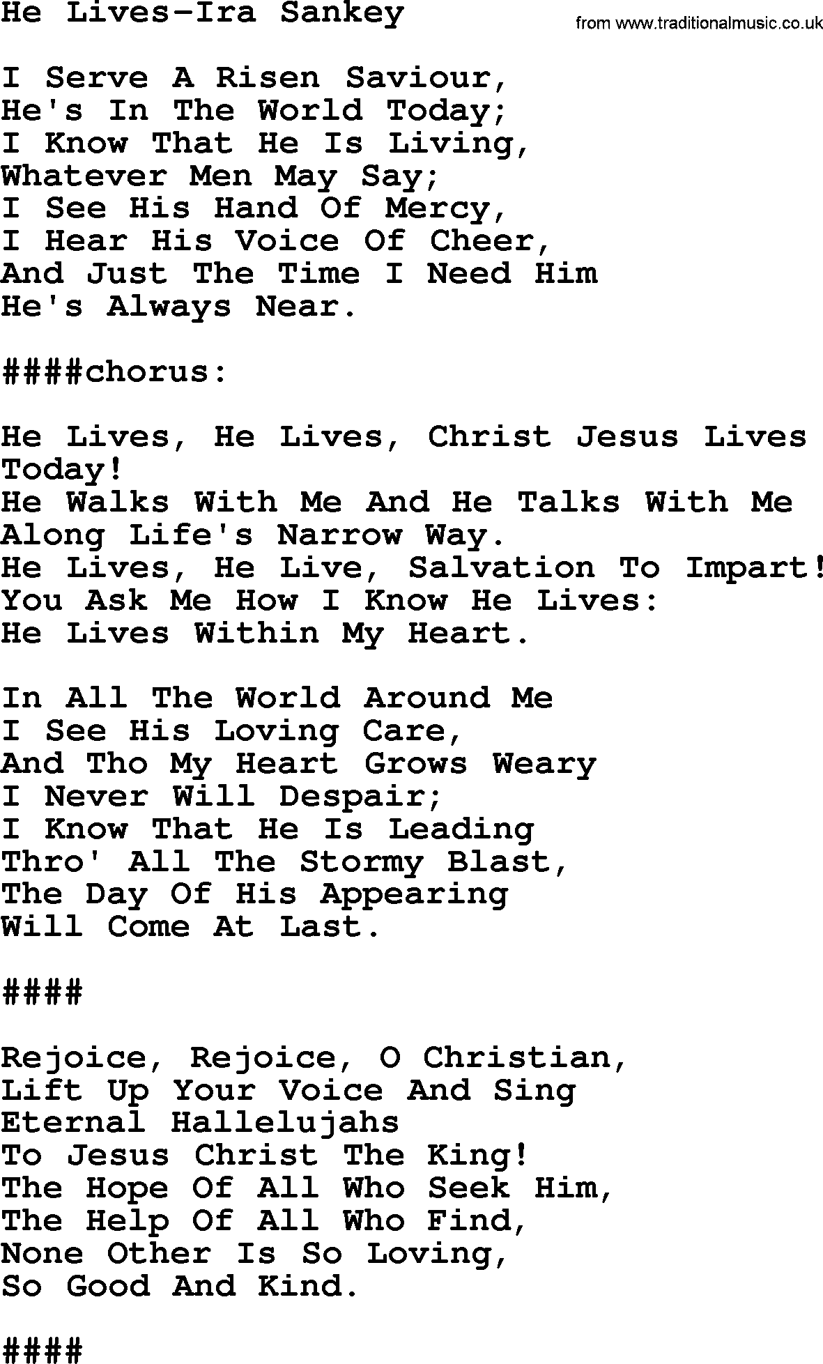Ira Sankey hymn: He Lives-Ira Sankey, lyrics