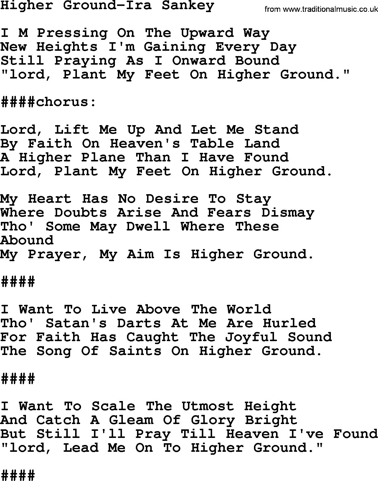Ira Sankey hymn: Higher Ground-Ira Sankey, lyrics