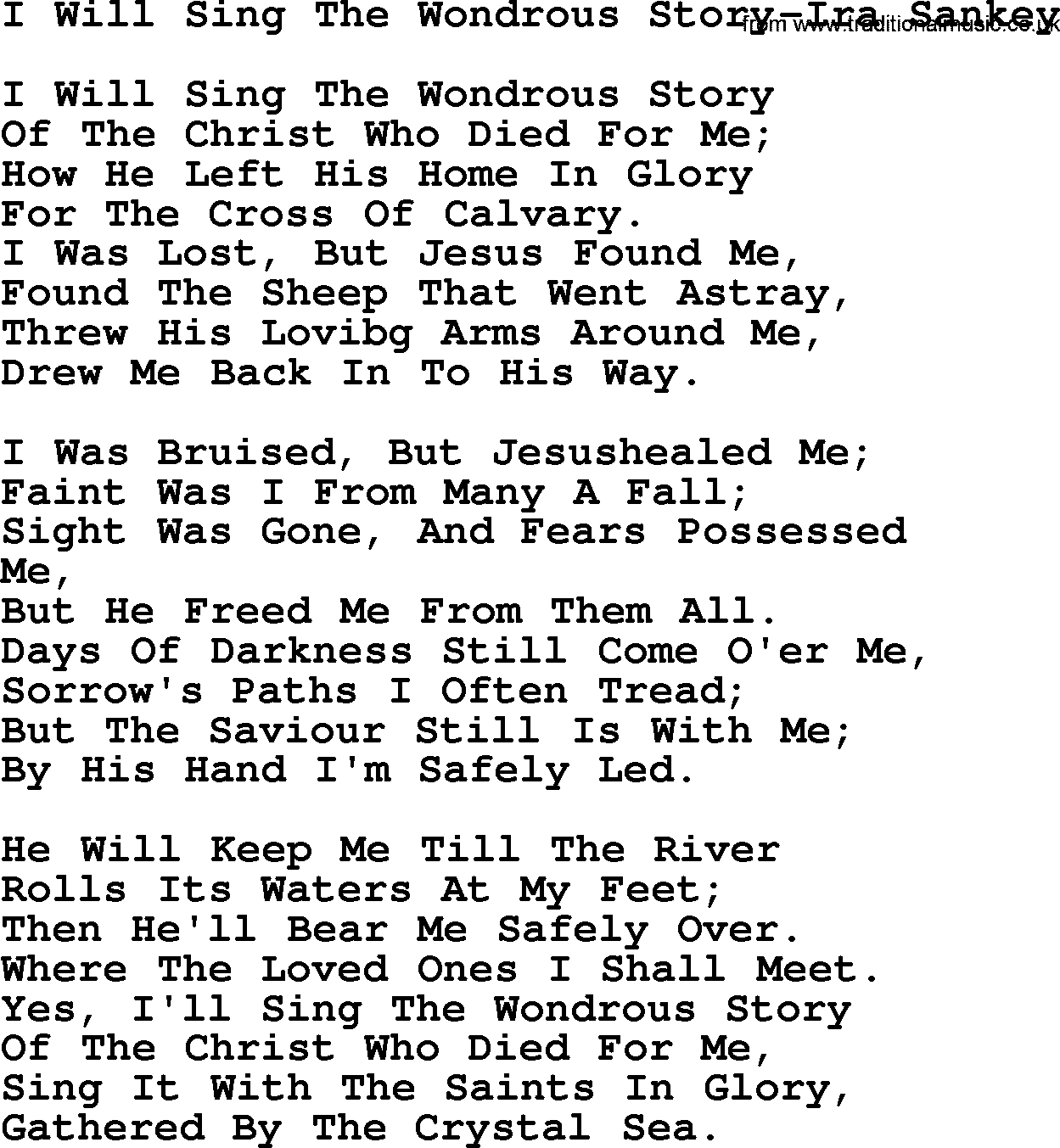 Ira Sankey hymn: I Will Sing The Wondrous Story-Ira Sankey, lyrics