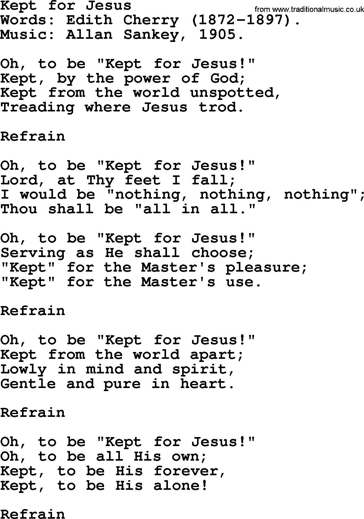 Ira Sankey hymn: Kept for Jesus-Ira Sankey, lyrics