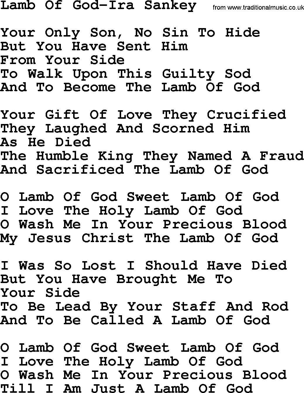 Ira Sankey hymn: Lamb Of God-Ira Sankey, lyrics
