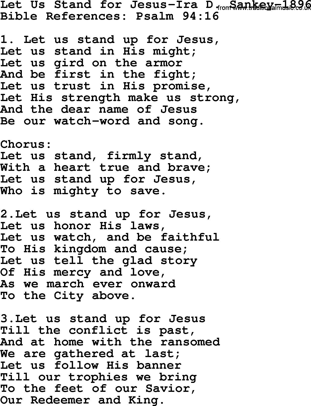 Ira Sankey hymn: Let Us Stand for Jesus-Ira Sankey, lyrics
