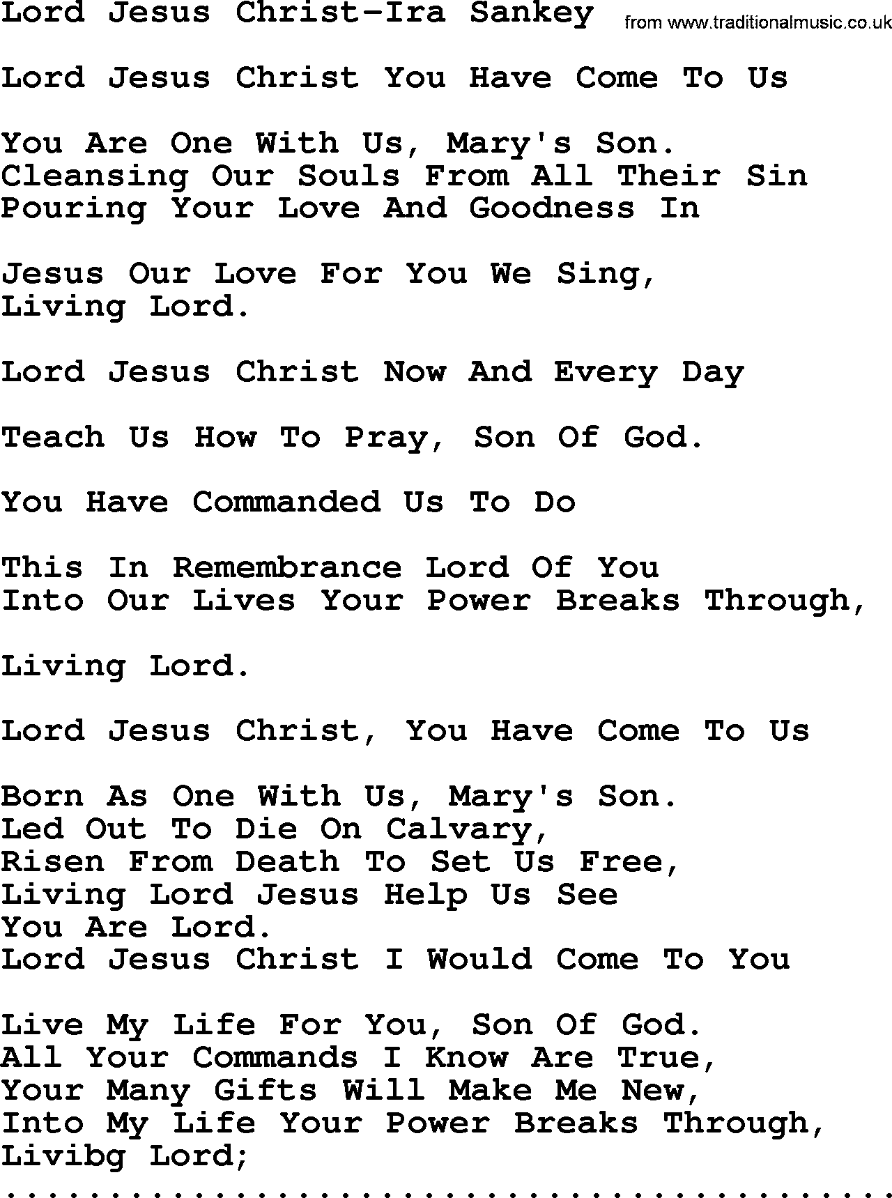 Ira Sankey hymn: Lord Jesus Christ-Ira Sankey, lyrics
