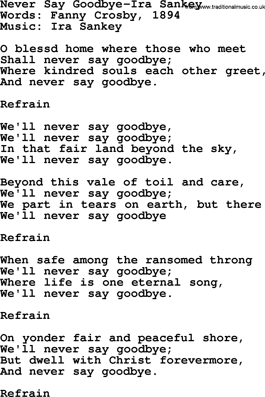 Ira Sankey hymn: Never Say Goodbye-Ira Sankey, lyrics