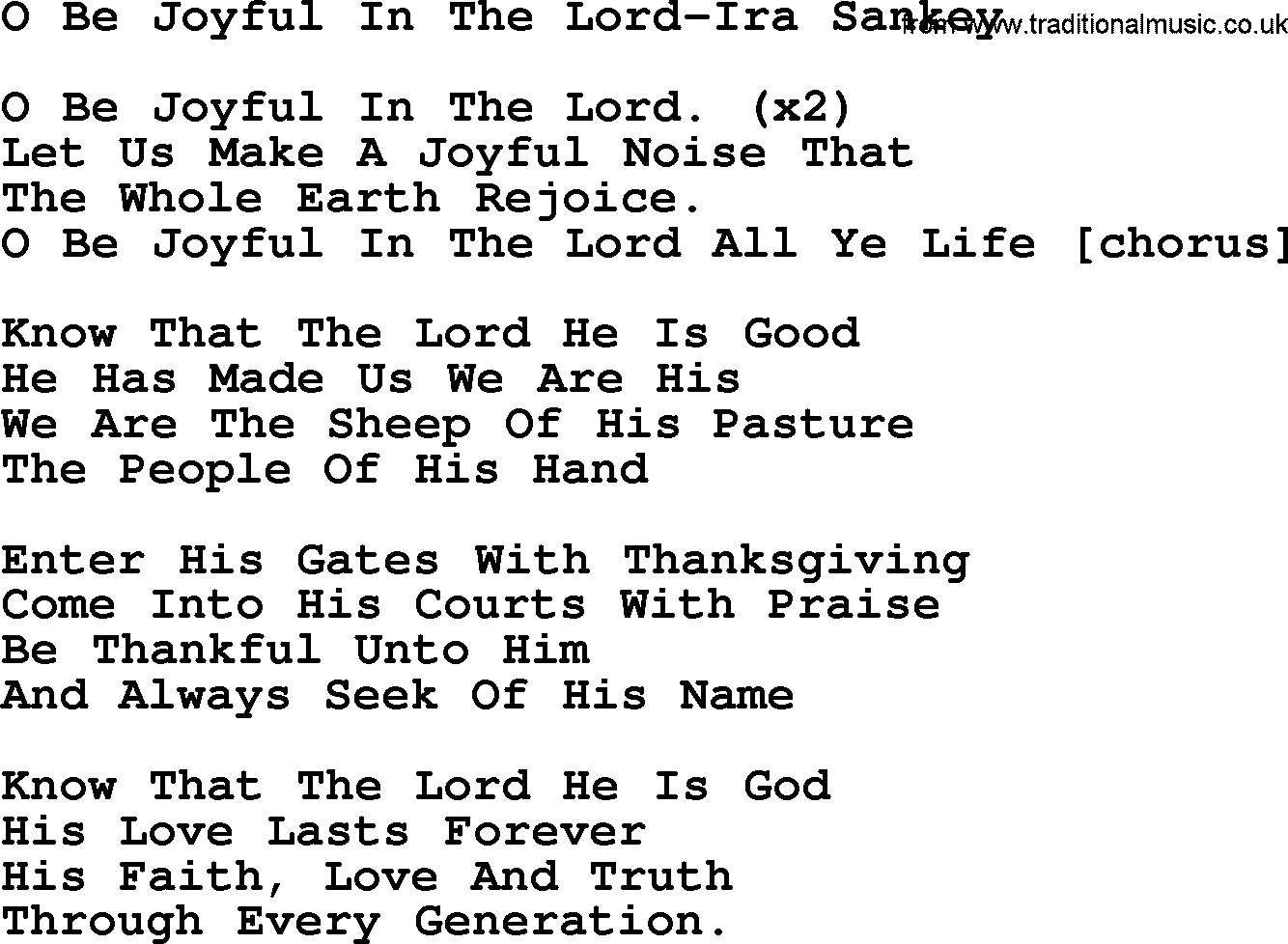 Ira Sankey hymn: O Be Joyful In The Lord-Ira Sankey, lyrics