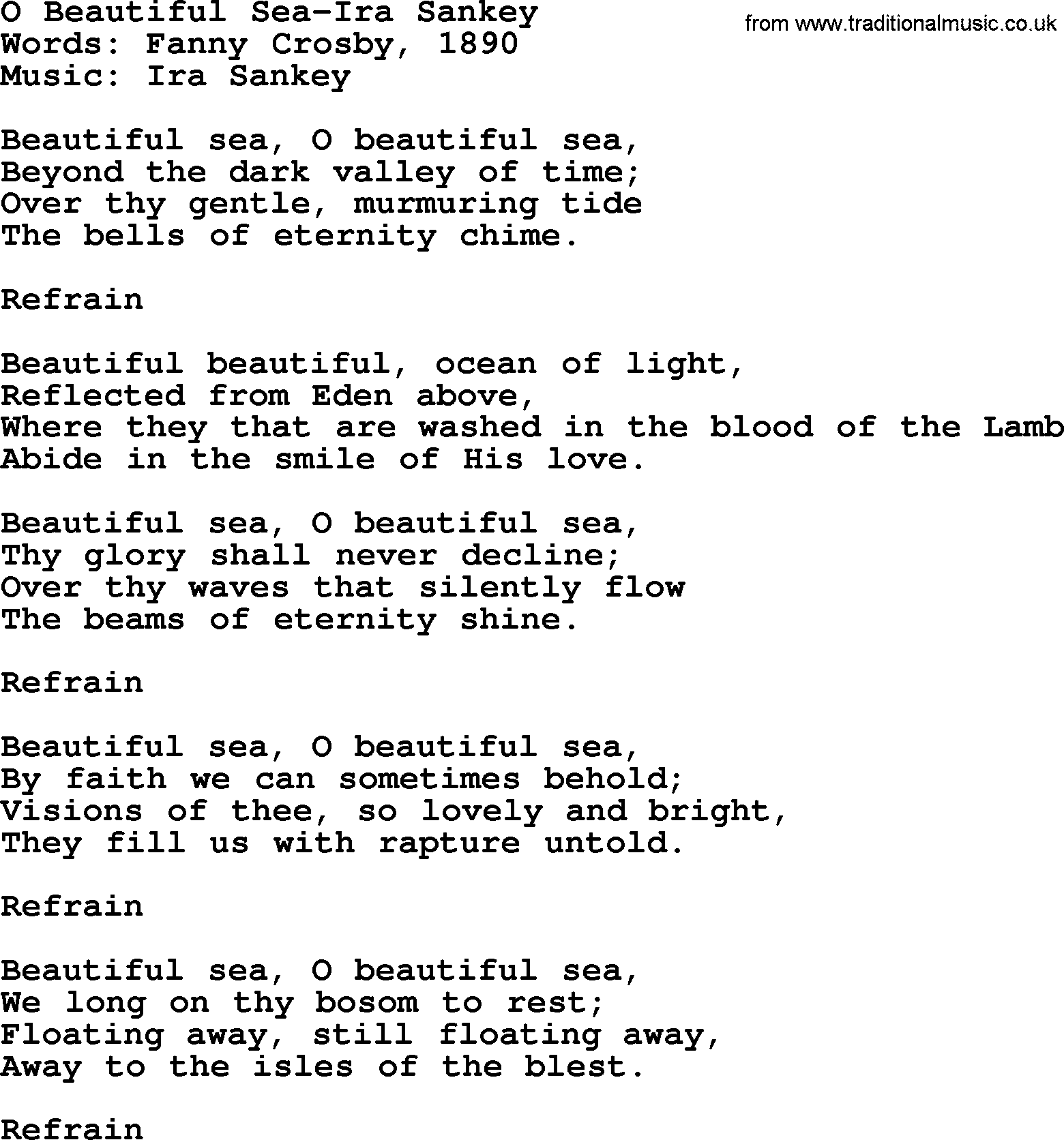 Ira Sankey hymn: O Beautiful Sea-Ira Sankey, lyrics