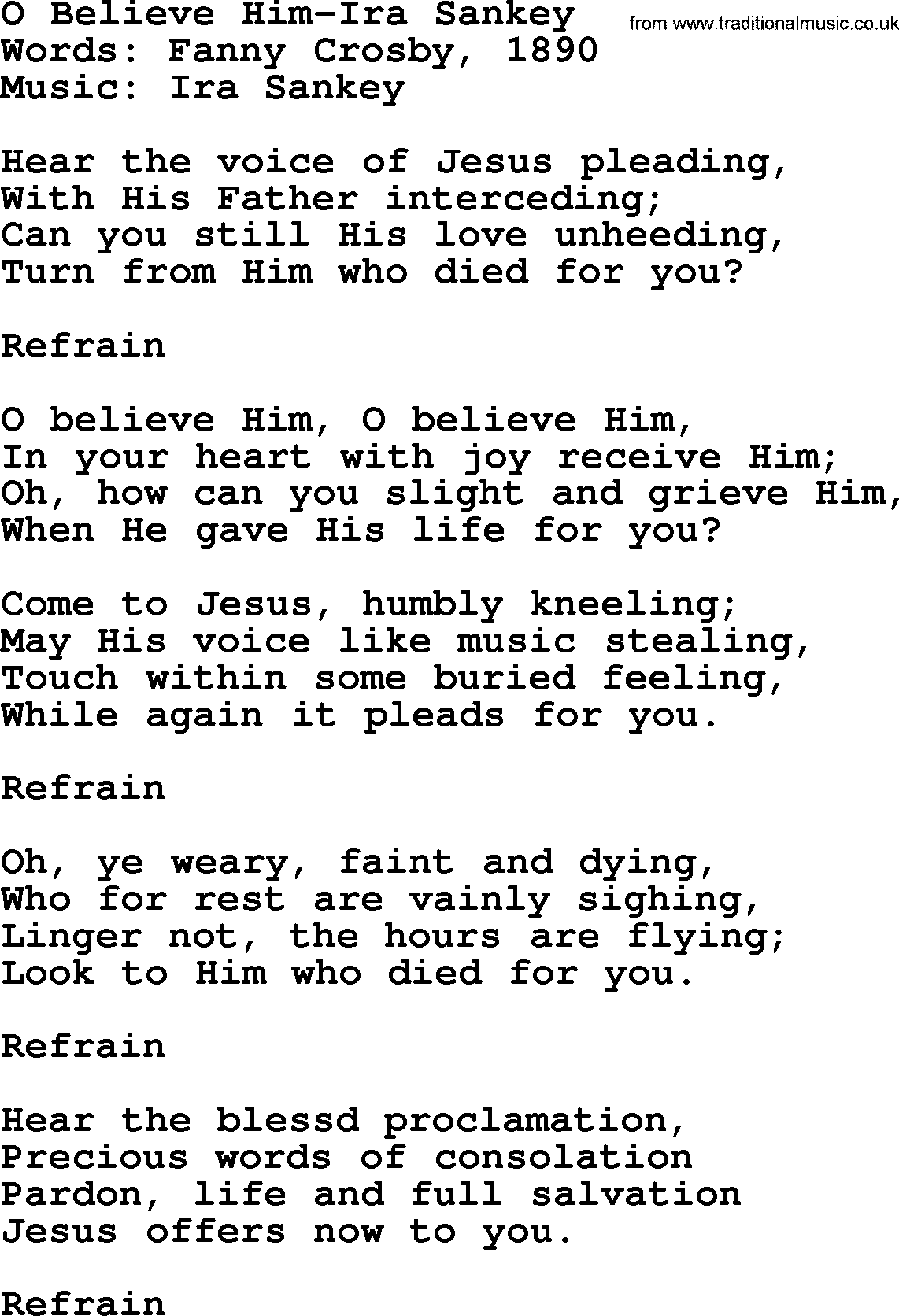 Ira Sankey hymn: O Believe Him-Ira Sankey, lyrics