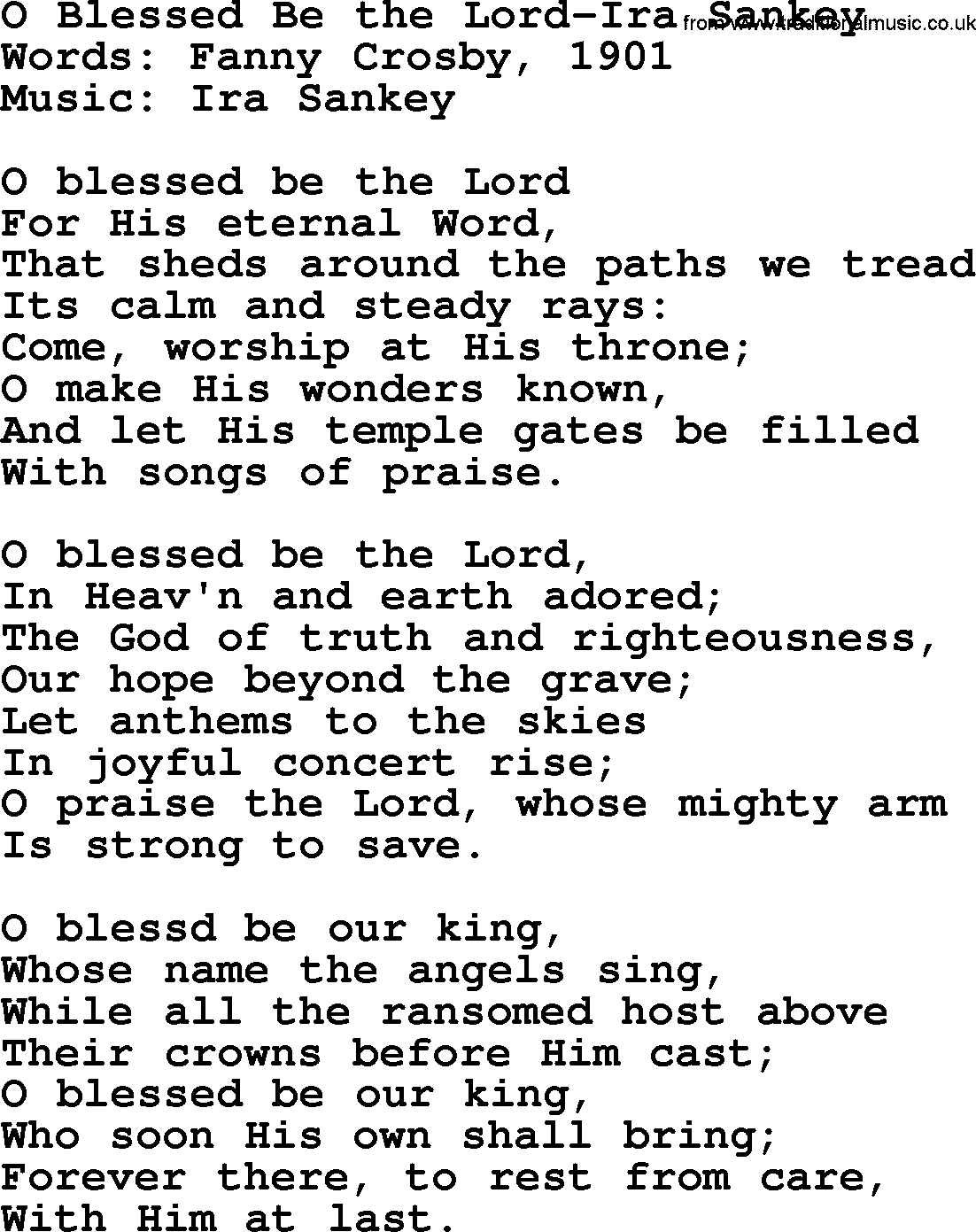 Ira Sankey hymn: O Blessed Be the Lord-Ira Sankey, lyrics